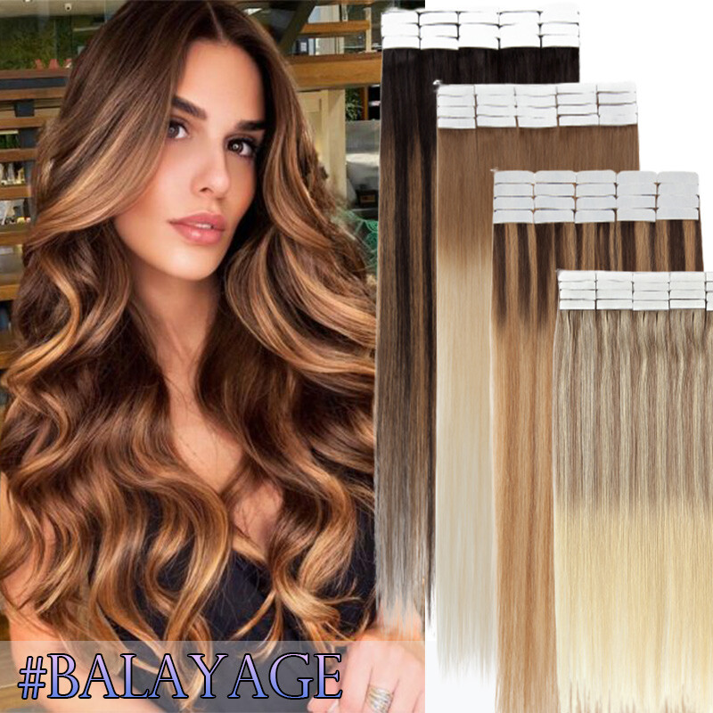 40PCS THICK Tape Glue in 100% Human Hair Extensions Skin Weft Blonde Ombre THICK
