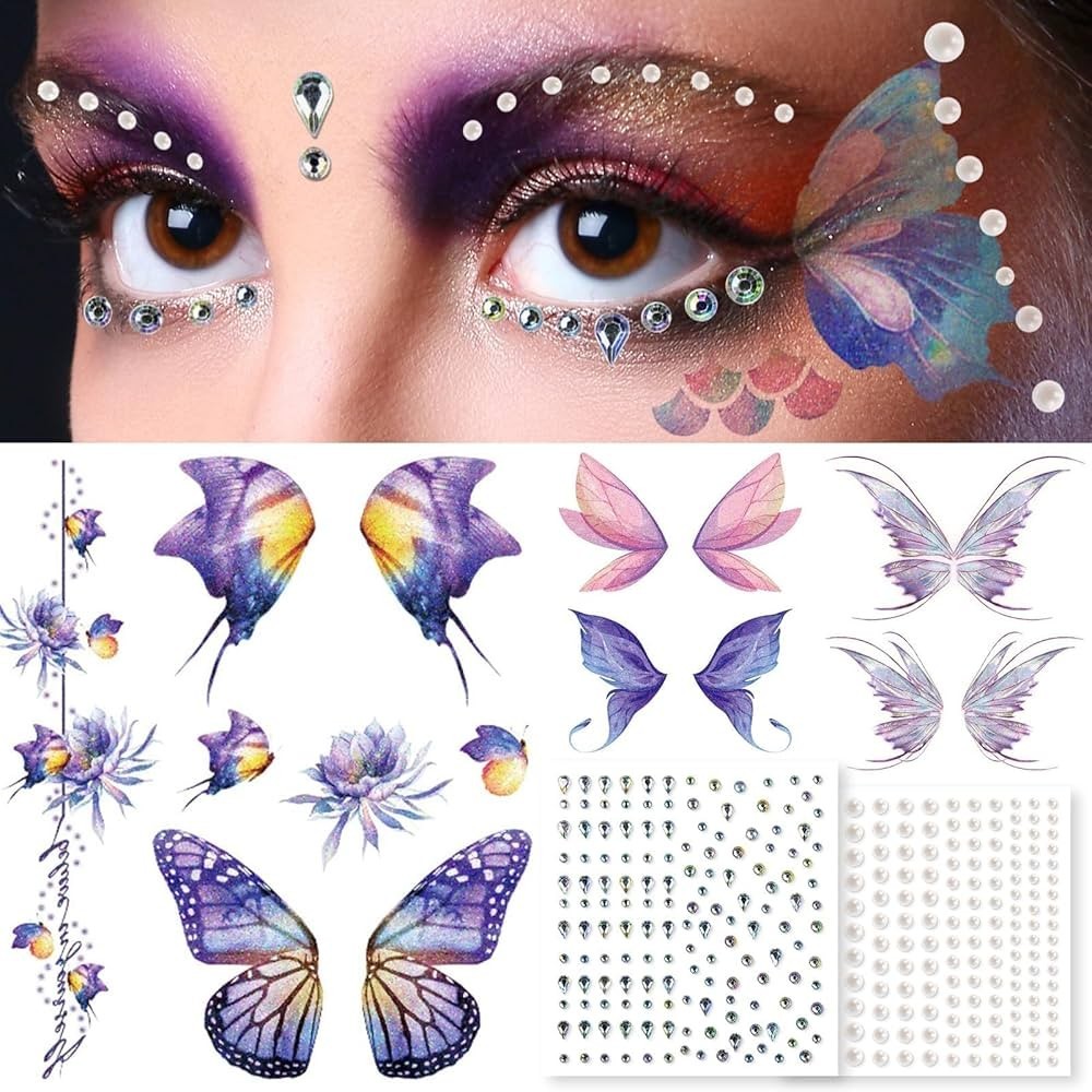 6 Sheets Purple Glitter Butterfly Temporary Tattoos Fantasy And Stones