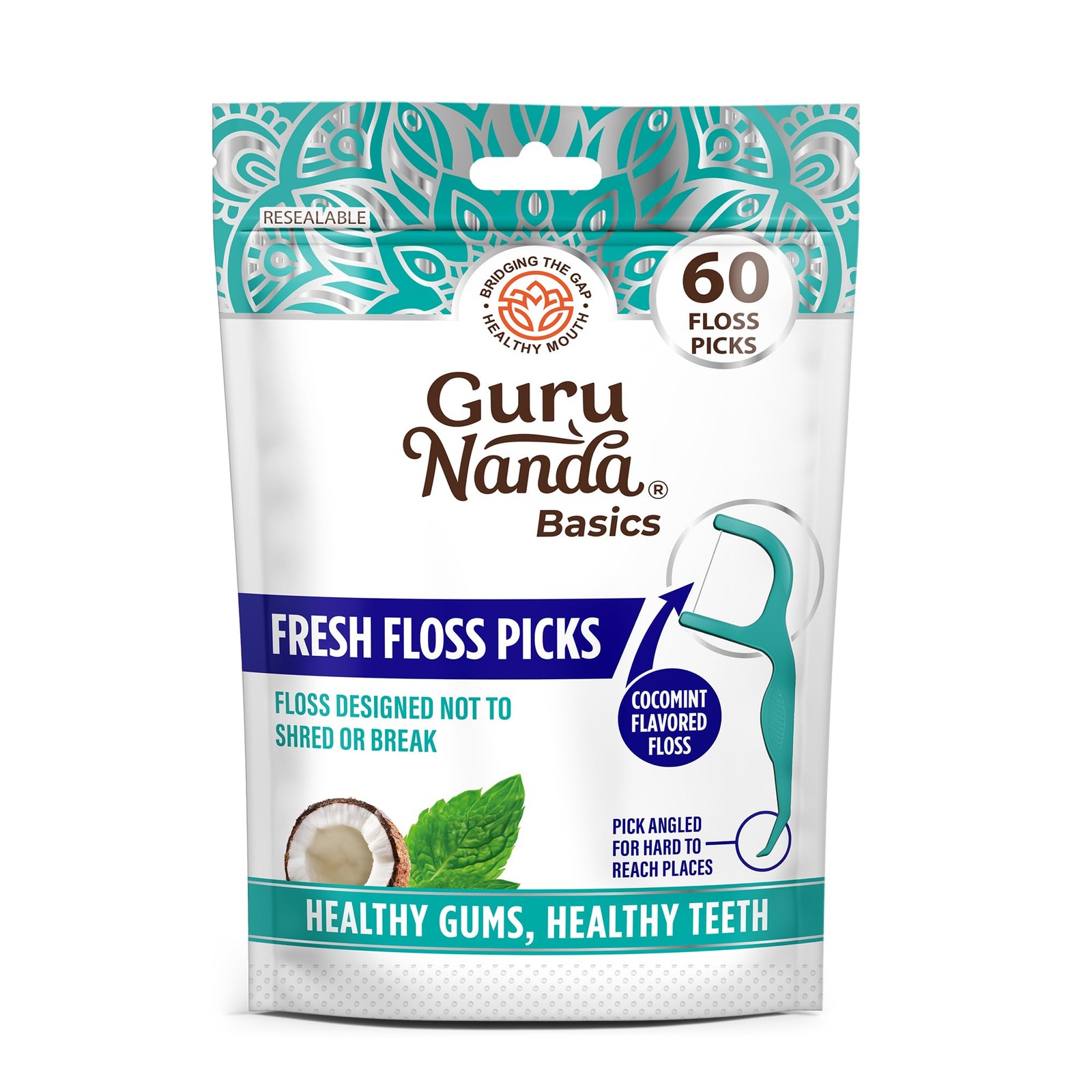GuruNanda Fresh Floss Dental Picks – Non- Shred 60 Count (Pack of 1), White