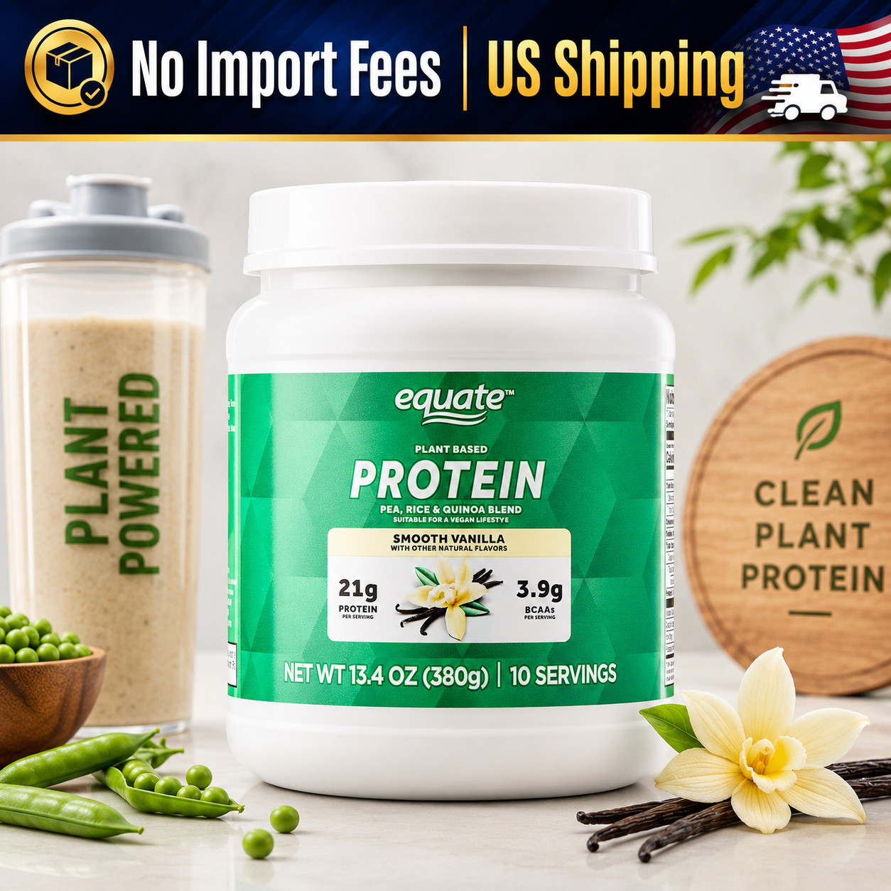 Equate Plant-Based Protein Powder Smooth Vanilla 13.4 oz Vegan Supplement