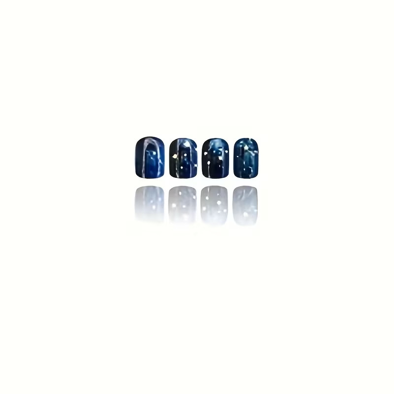 24pcs Square Press-On Nails, Medium, Blue Galaxy Starry Sky, Events, Everyday