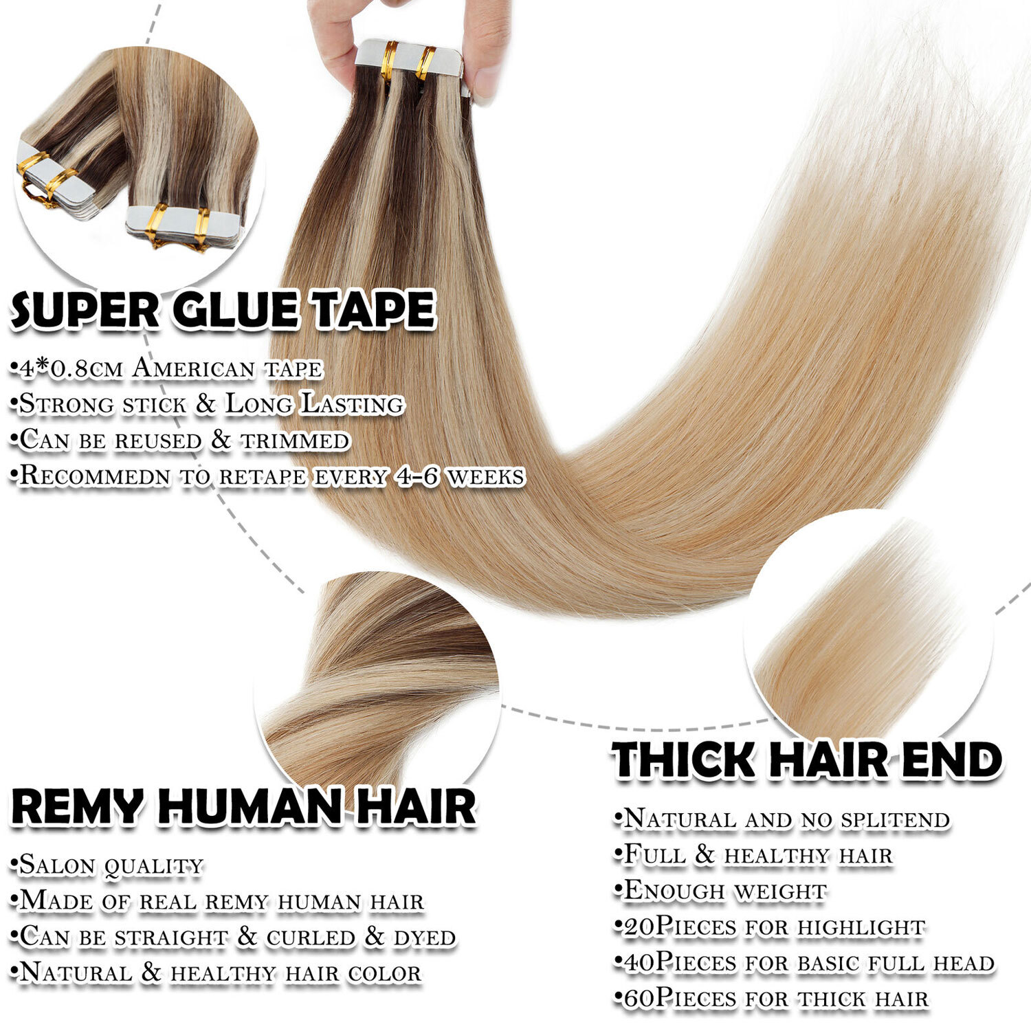 Thick 200g 80pcs Tape In Remy Human Hair Extensions Skin Weft FULL HEAD BROWN SE