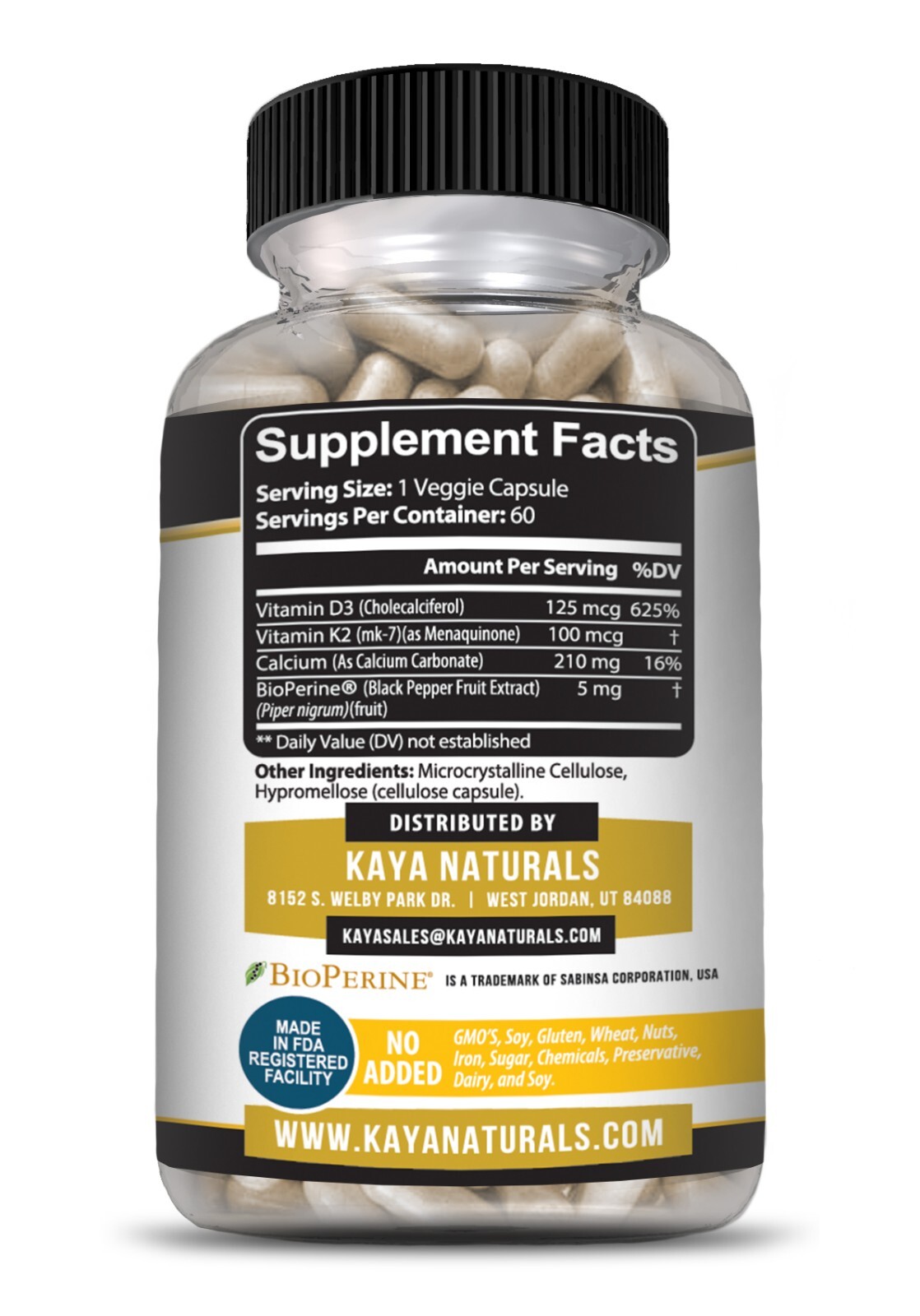 Vitamin K2 (MK7) with D3 5000 IU Supplement, BioPerine Capsules, Immune Health
