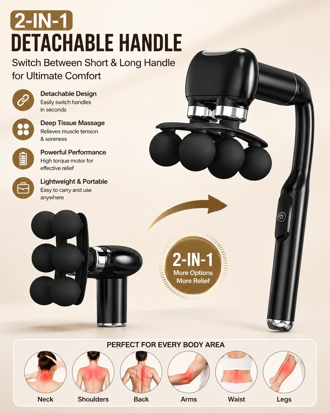 6 Head Massage Gun with Extension Handle, 12MM Massage Gun Deep Tissue, Back