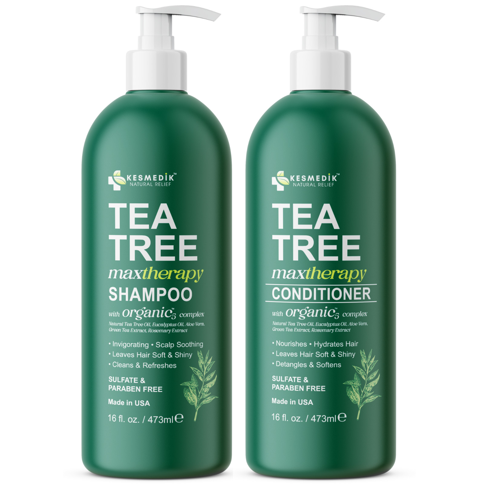 Kesmedik Tea Tree Shampoo & Conditioner Set, Soothes Dry Scalp, Organic-5, 16 oz