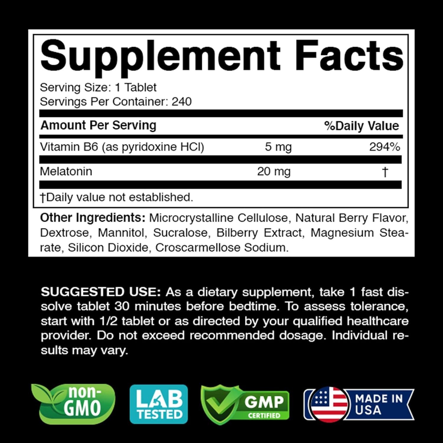 Melatonin 20mg High Potency Natural Sleep Aid Berry Flavor 240 Fast Dissolve TAB