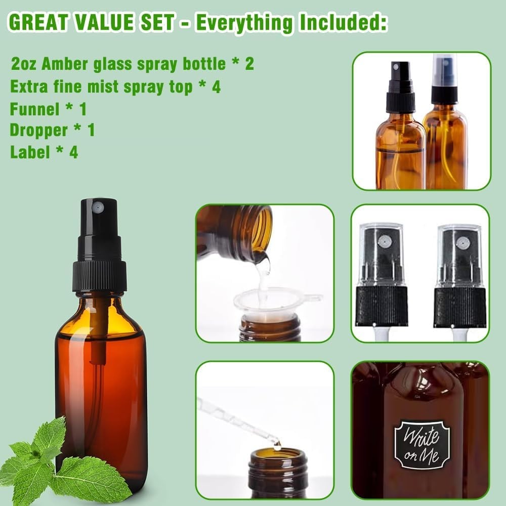 2oz Amber Glass Spray Bottles: Leakproof & Multi-Purpose Design for DIY