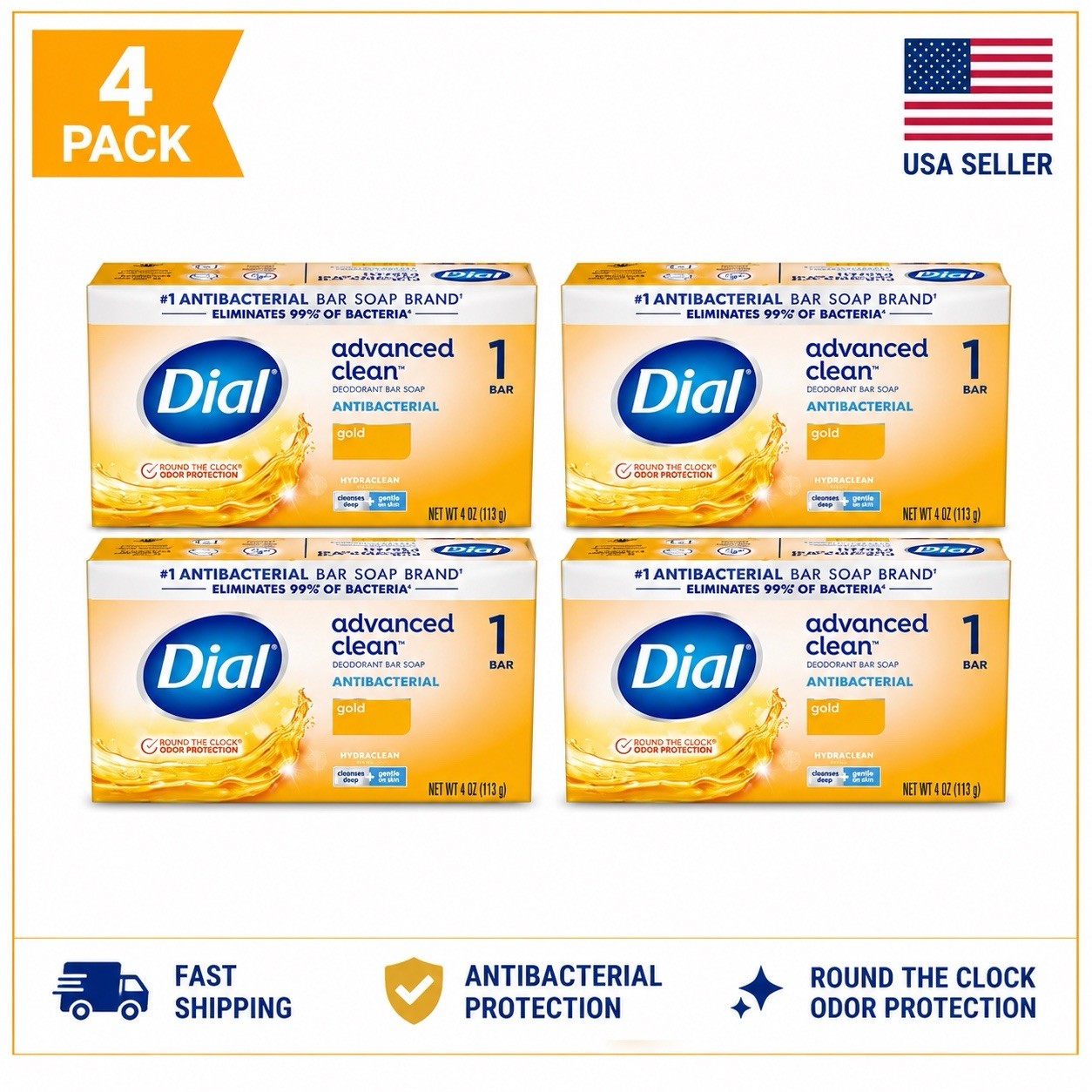 Dial Antibacterial Deodorant Bar Soap, Advanced Clean, Gold, 4 oz, 4 Bars