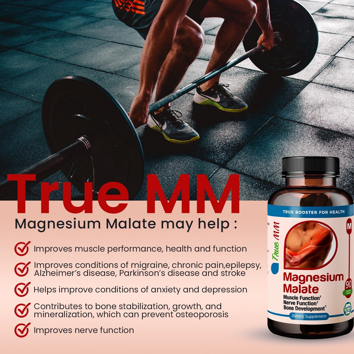 TrueMed Magnesium Malate Malic Acid Support Muscle 1350mg 90 Capsules Supplement