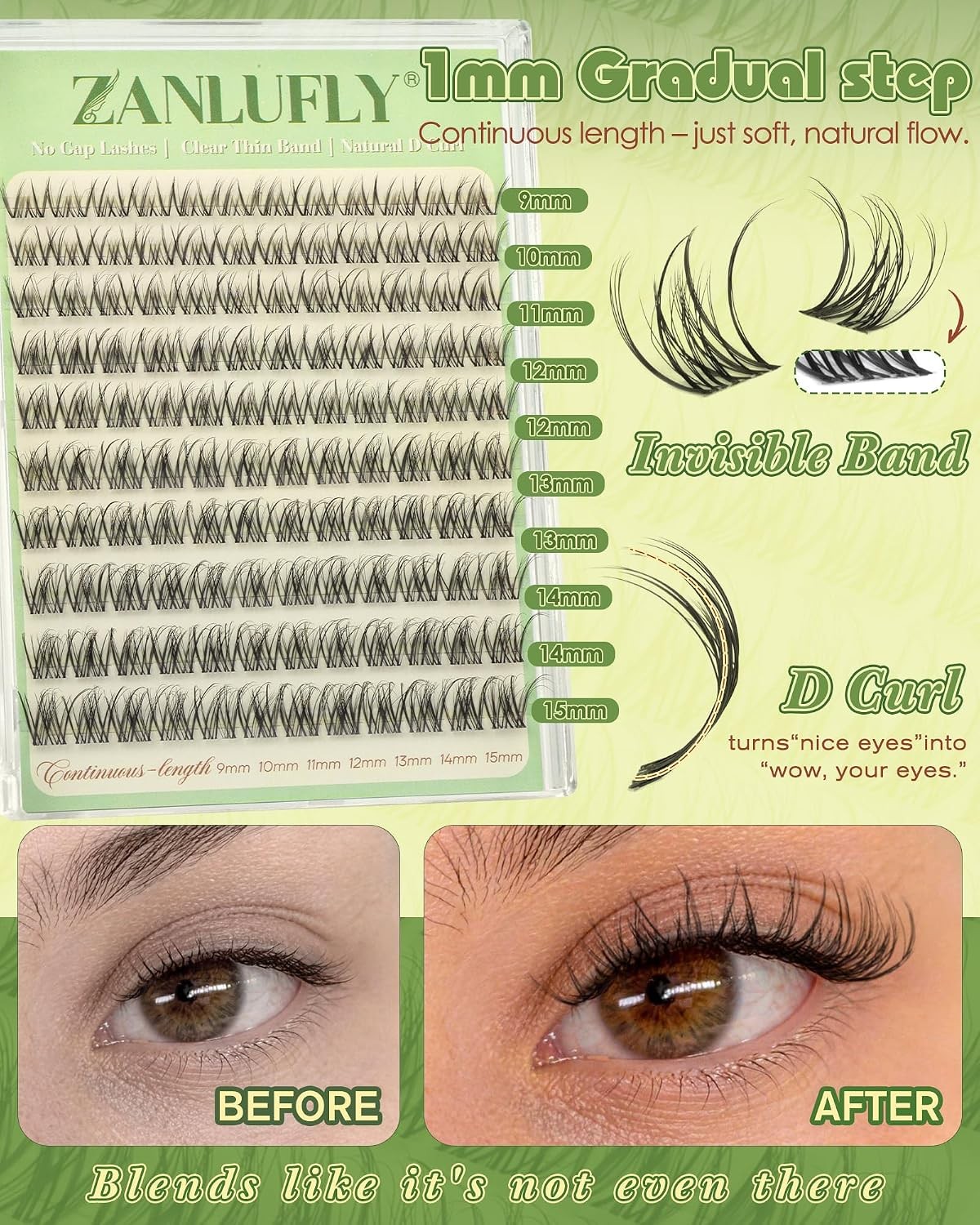 Zanlufly Wispy D Curl Lash Clusters 9-15mm – Natural Eyelash Extensions