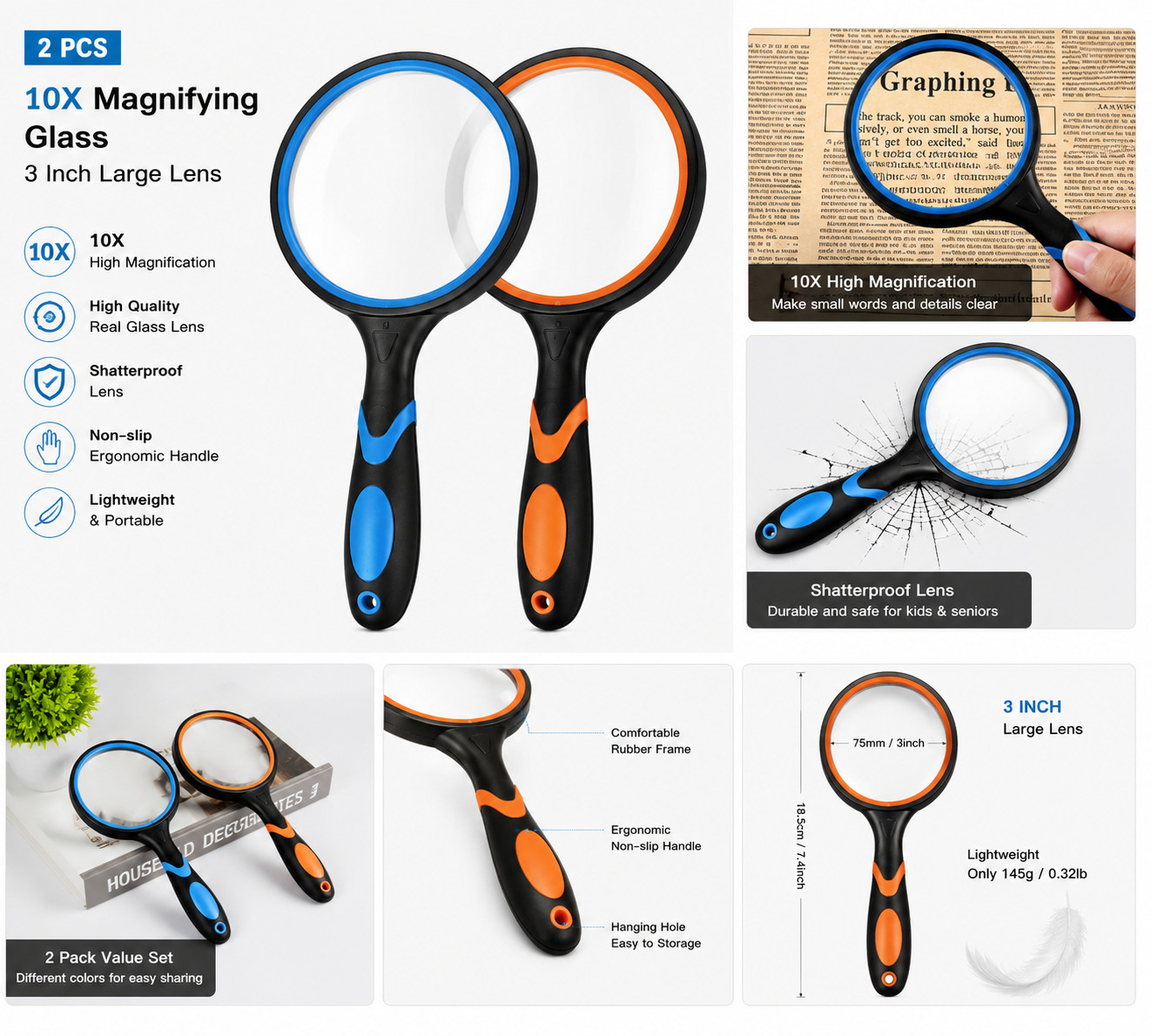 2PCS 10X Magnifying Glass Large Handheld Magnifier Reading Lens Kids Seniors