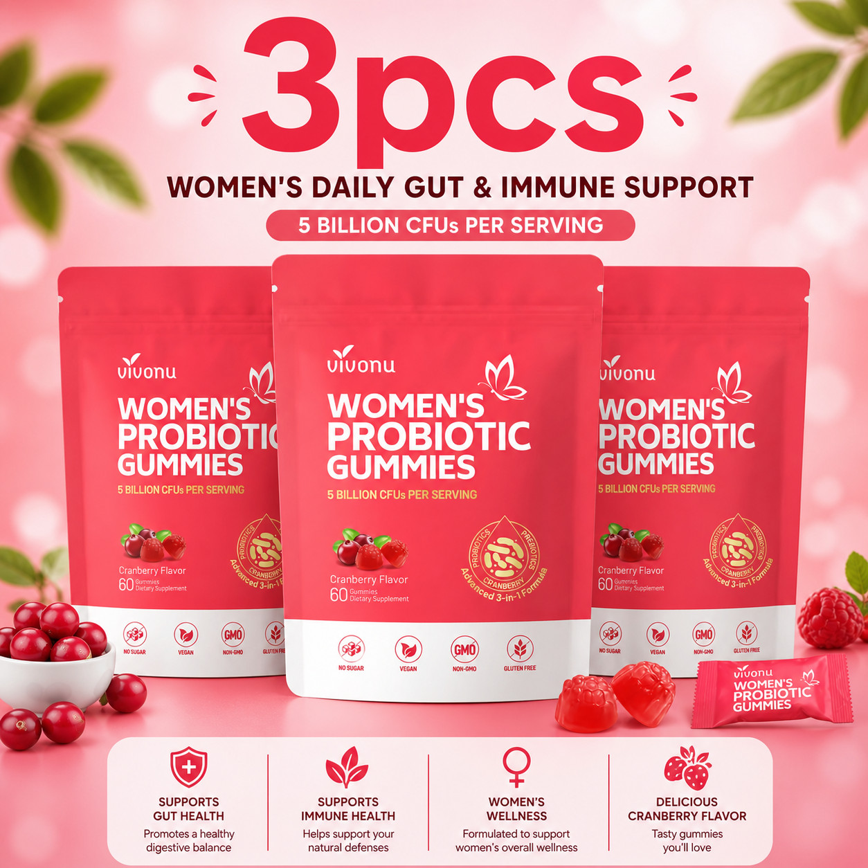 VivoNu Cranberry Probiotic Gummies | Targeting Body Odor, Women’s Health, and Bo