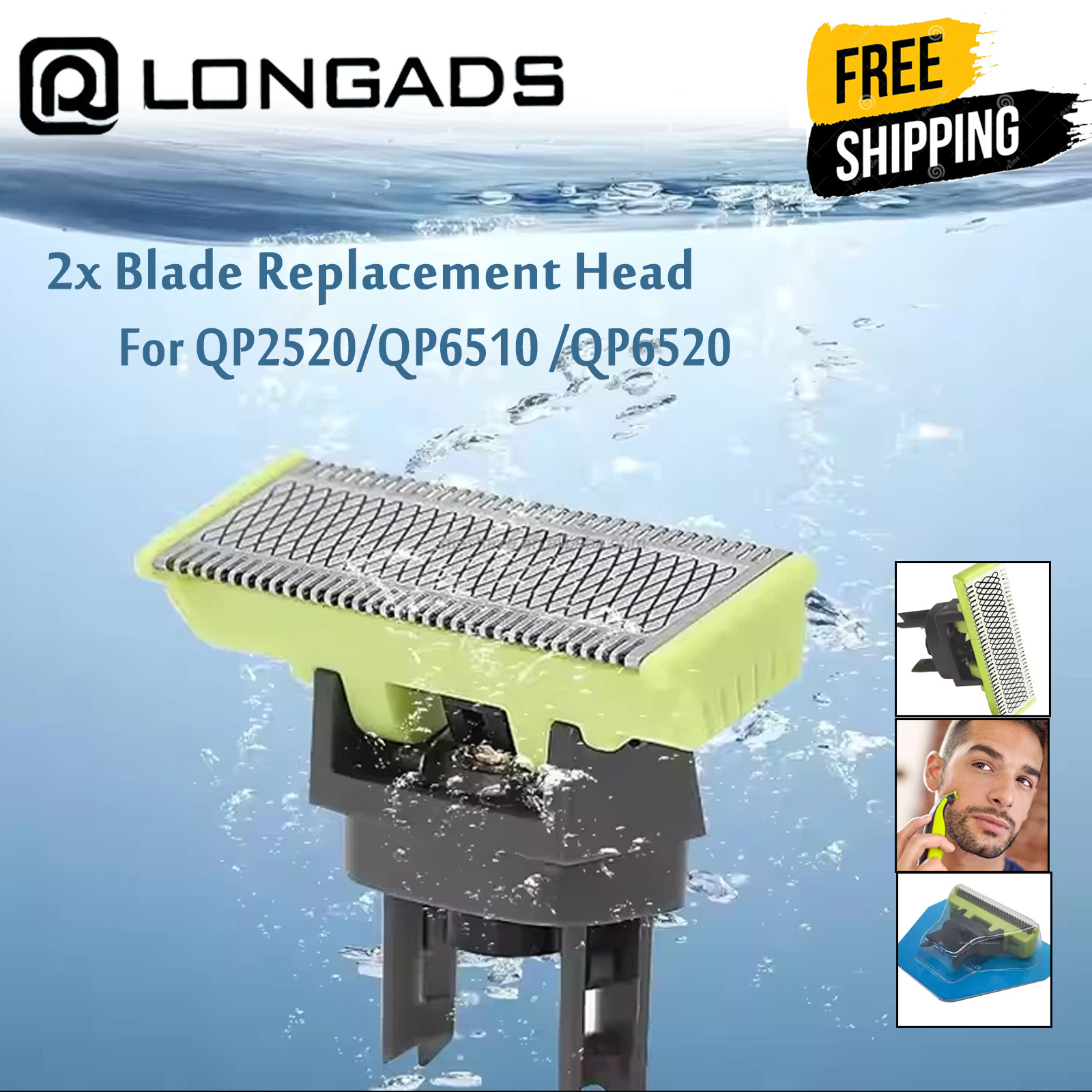 2x Blade Replacement Head for Norelco QP210/80 OneBlade QP2520/QP6510 /QP6520