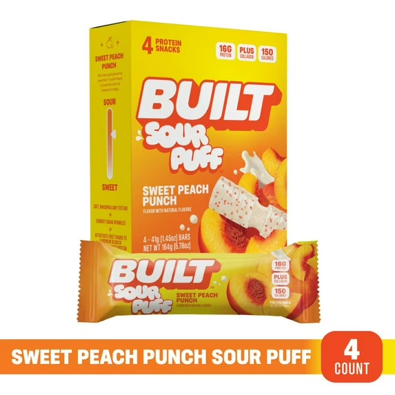BUILT Sour Puff Protein Bar, Sweet Peach Punch, 16g Protein, Collagen, 150 Calor