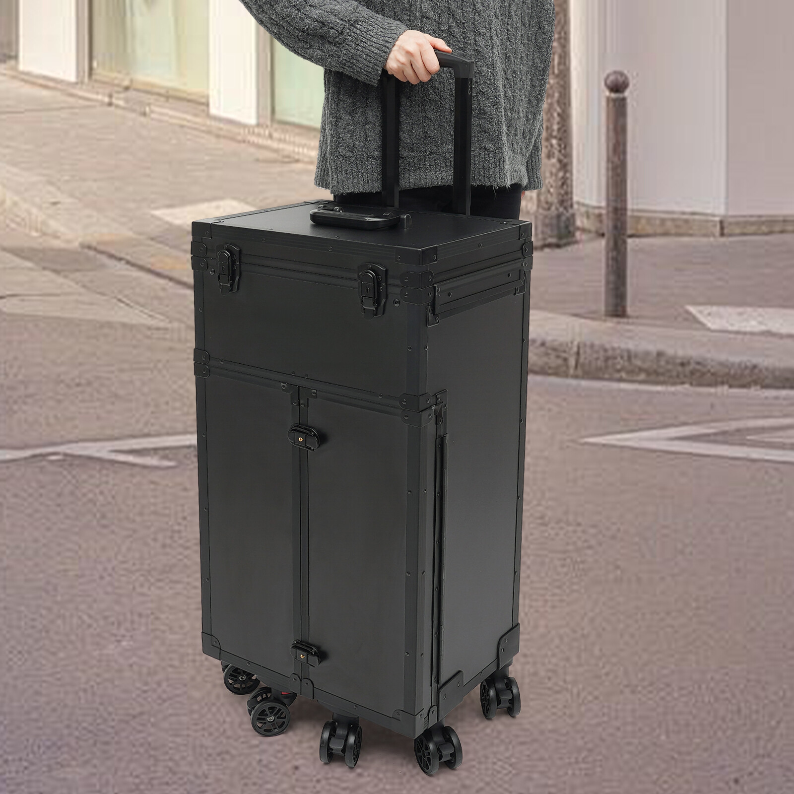 Rolling Makeup Train Case Cosmetic Trolley Travel Makeup Storage Organizer Black