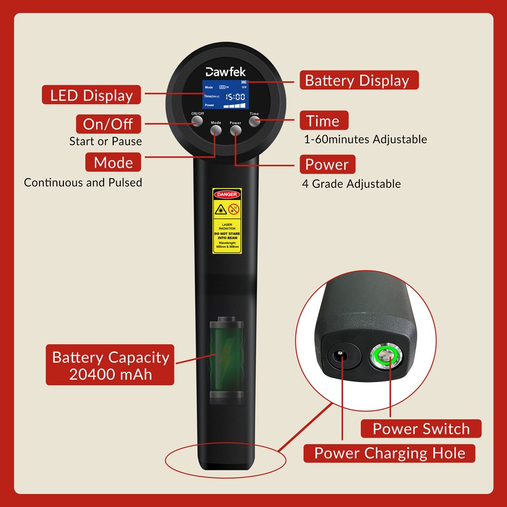 Back Spinal Pain Relief 8W Cold Laser Therapy 650nm 808nm with CW PW Modes Timer