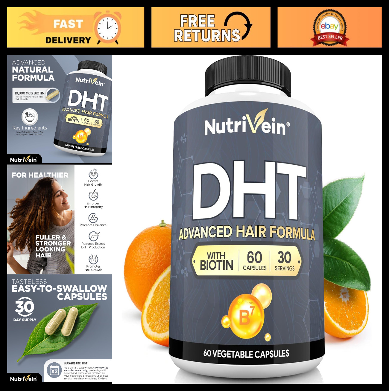 DHT Blocker Hair Supplements with Biotin – 30 Day Supply (60 Caps) for Men & Wom