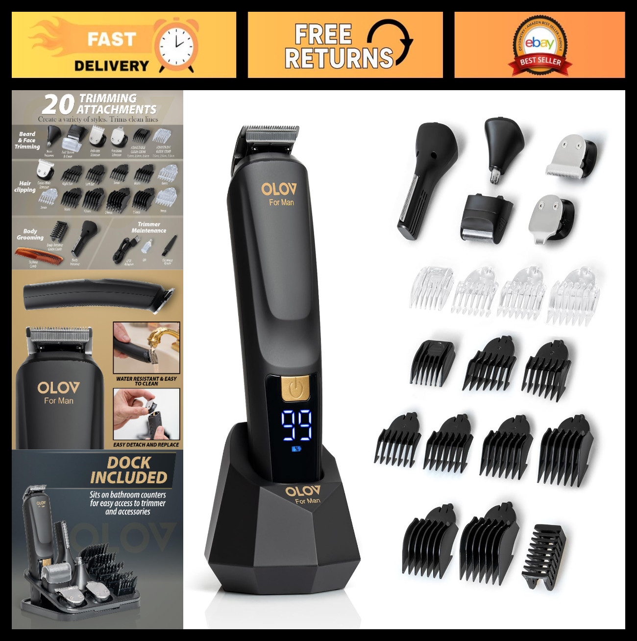 21-Piece All-in-One Men’s Grooming Kit, Beard Trimmer, Hair Clipper, USB Recharg