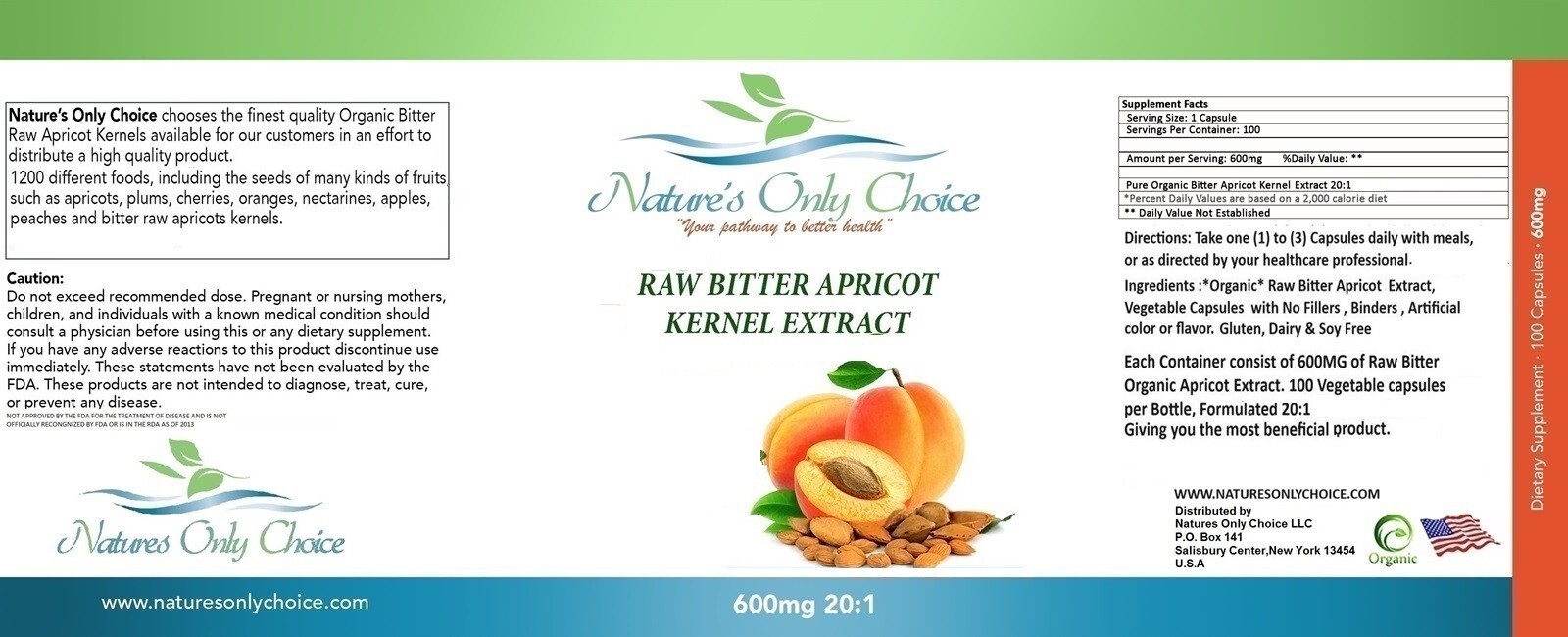 Apricot Capsules 20:1 (100 Capsules) 600 mg per Capsule, #1 USA