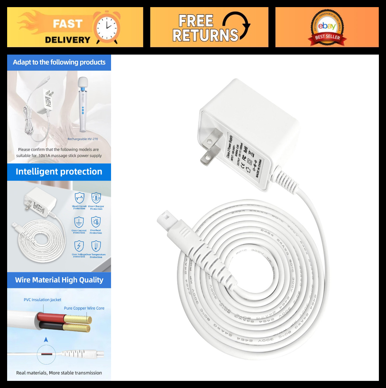 Rechargeable Cordless Massager Charger Adapter – DC10V 1A Power Supply for HV-27