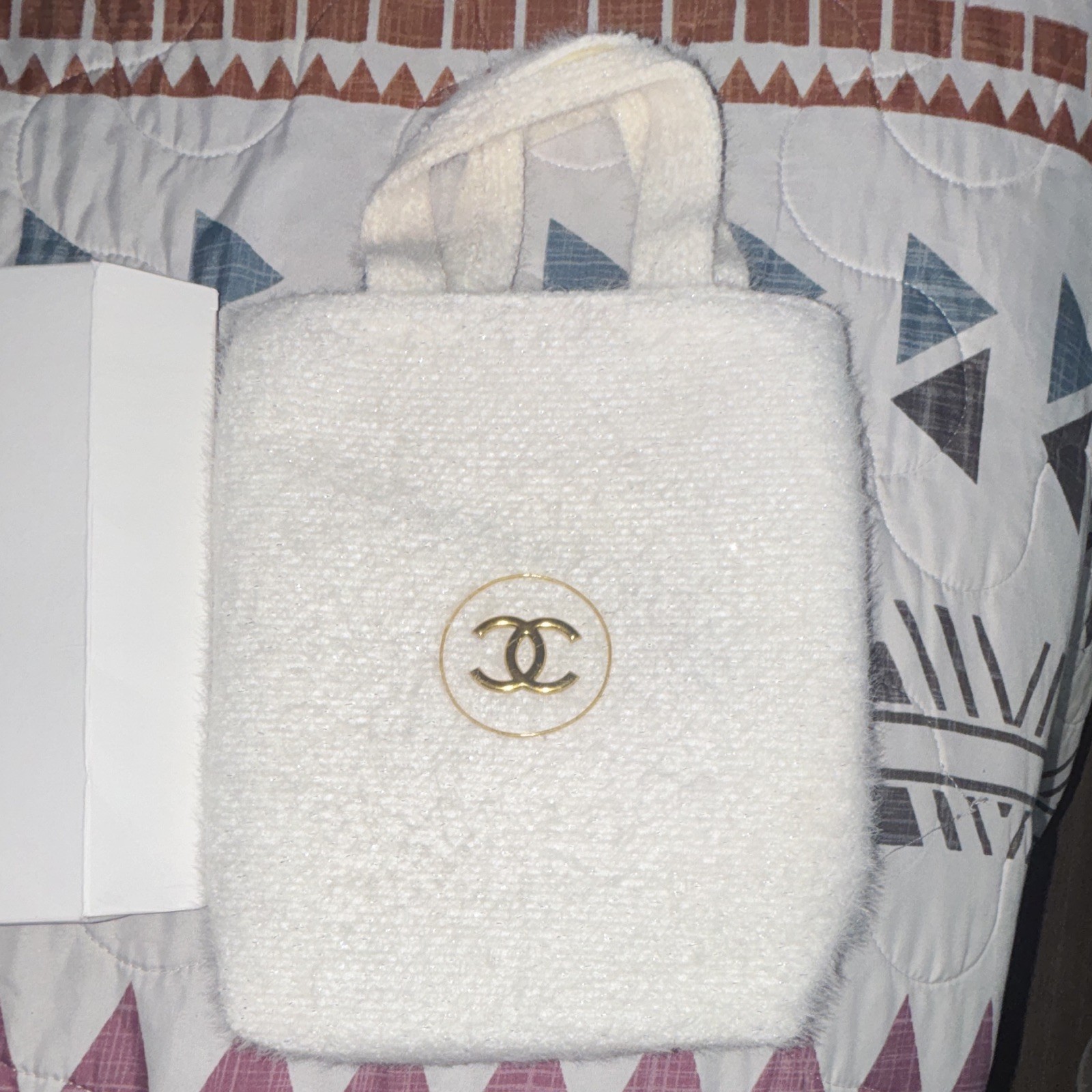 CHANEL Beaute White Polyester Makeup Bag Pouch with Handle 6in 00226