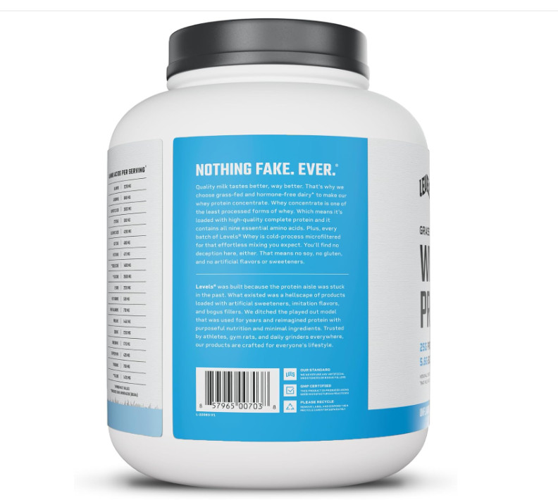 Levels Grass Fed Whey Protein Unflavored 5lb 25g Protein
