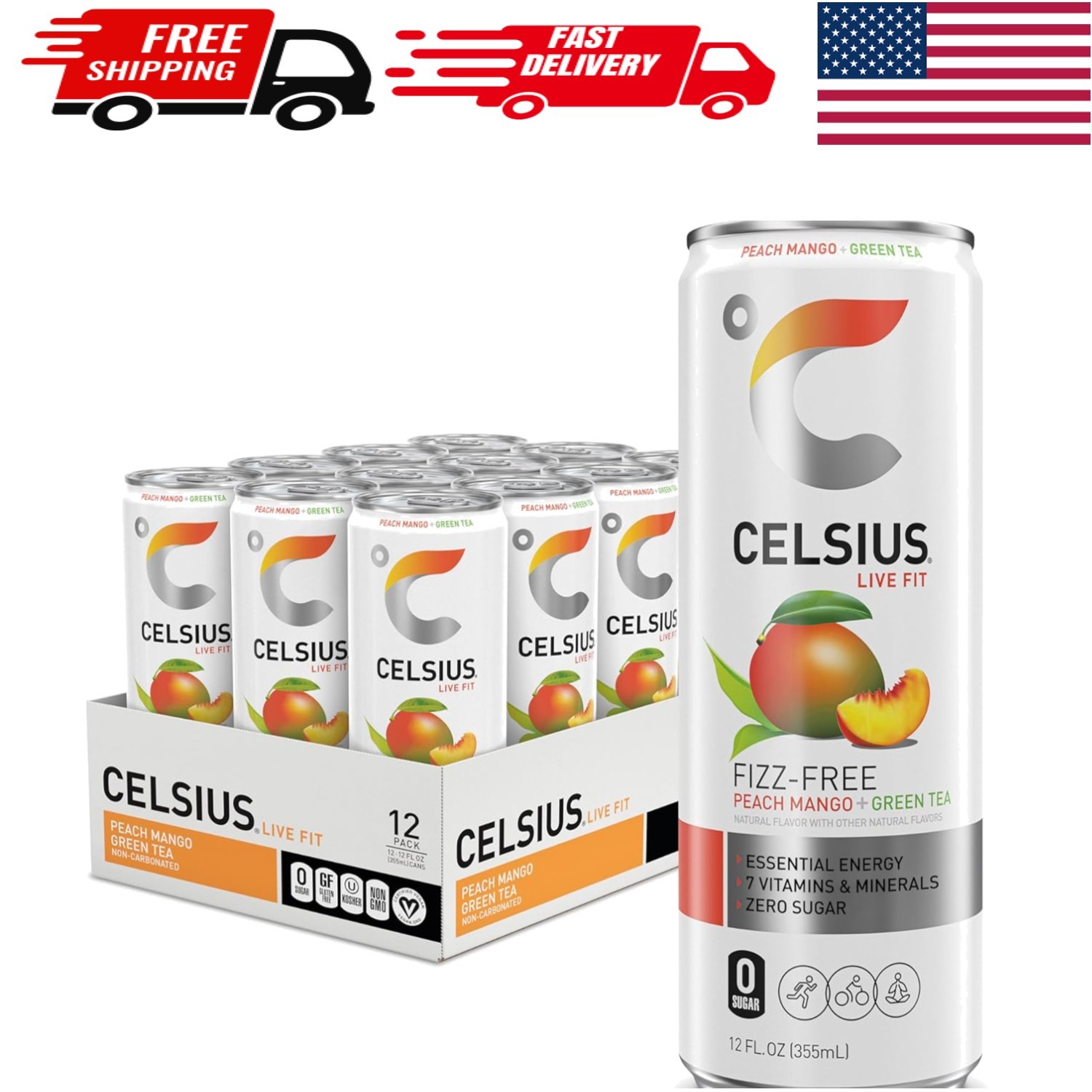 Peach Mango Green Tea Energy Drink: 12-pack of Non-Carbonated Refreshment