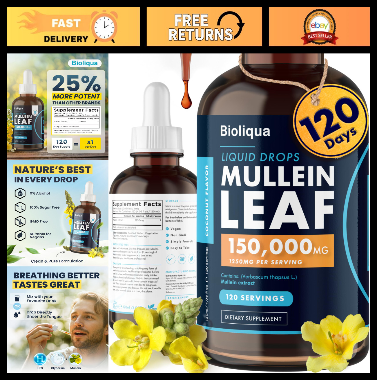 High Strength Mullein Drops 150,000mg – Lung Detox Tincture 4oz – 120 Servings