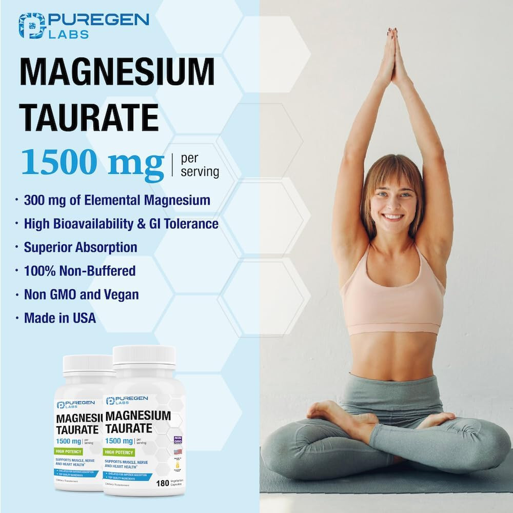 Puregen Labs Magnesium Taurate 1500mg per Serving High Potency 180 Veggie Caps