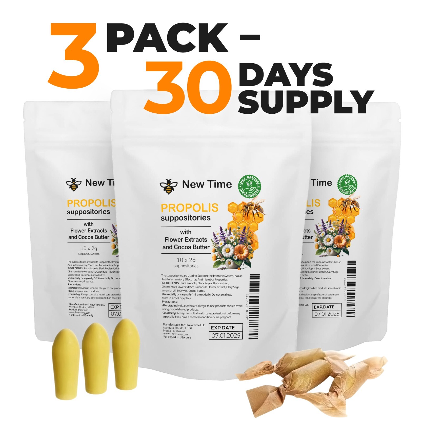 Propolis Suppositories for Men, Women, Organic Relief, 3 pack – 30 days supply