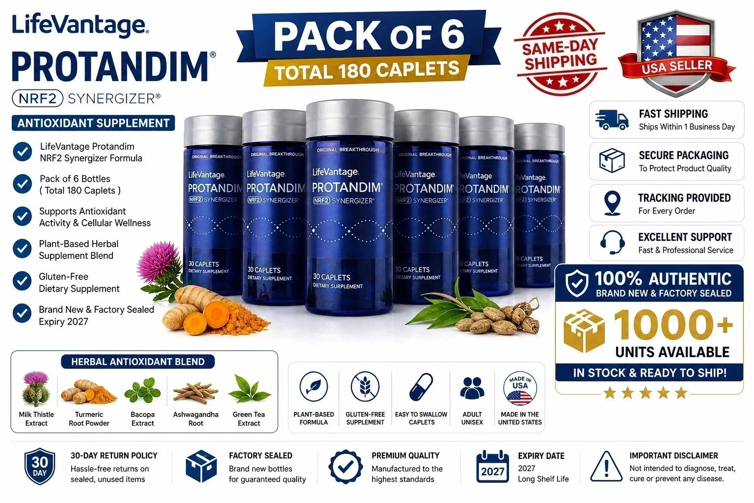 LifeVantage’ Protandim NRF2 Synergizer Pack of 6 (180 Caplets) New Sealed…