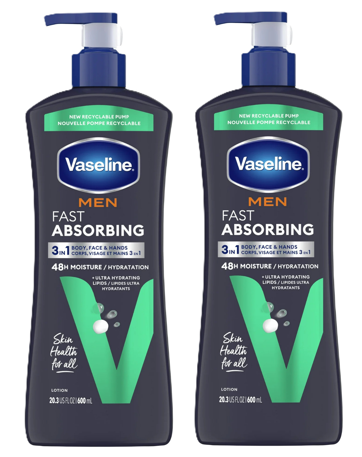 Vaseline Men Fast Absorbing 3-in-1 Face, Hands & Body Lotion for Men,20.3 oz 2pk