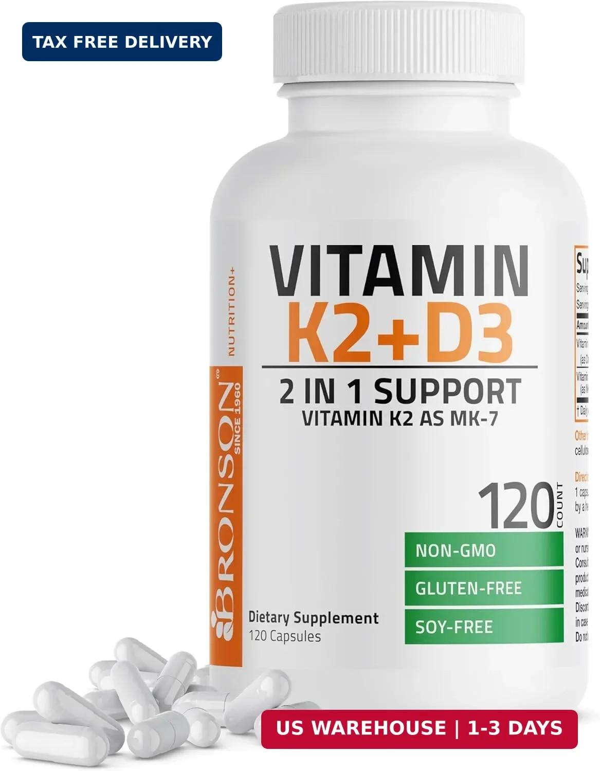 Vitamin K2 D3 (MK7) Supplement 2-in1 D3 & K2 Complex, 120 Capsules | Bon