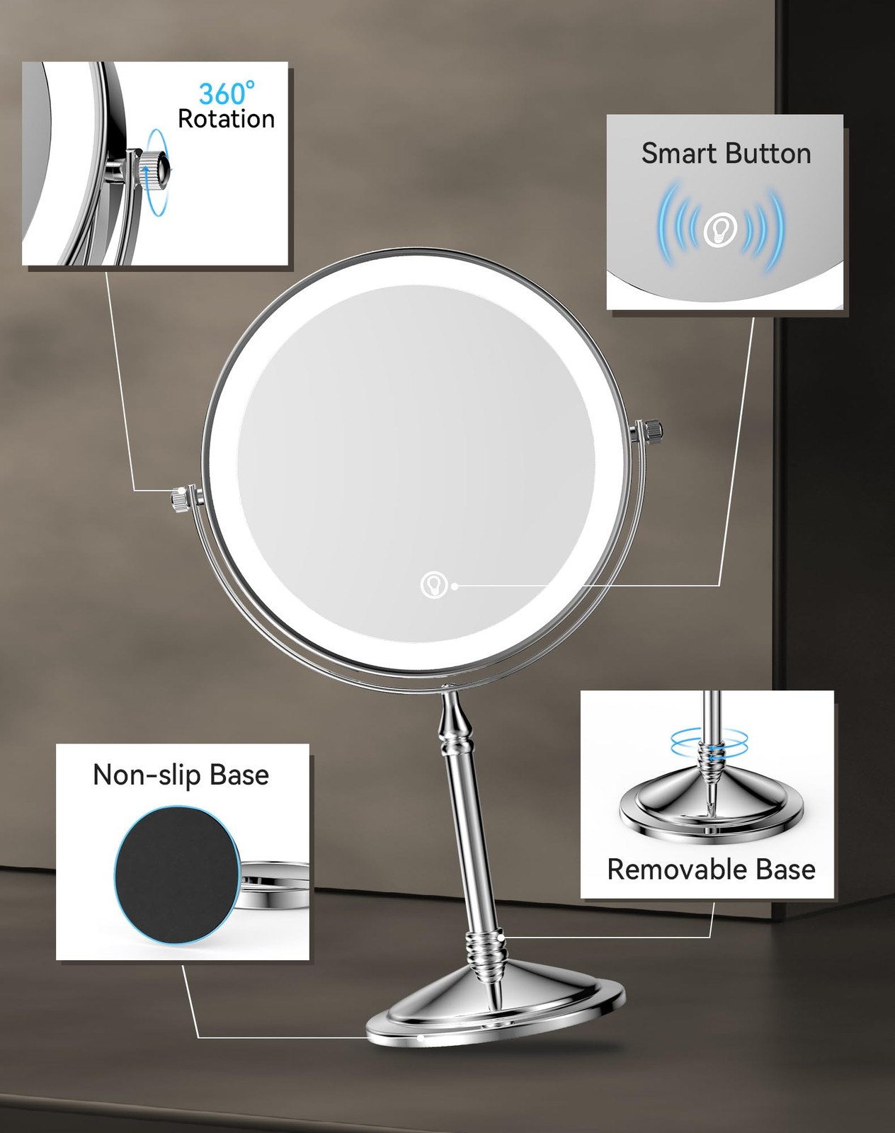 Rechargeable Tabletop Two Sided Swivel LED Vanity Mirror 20X Chrome 4000mAh