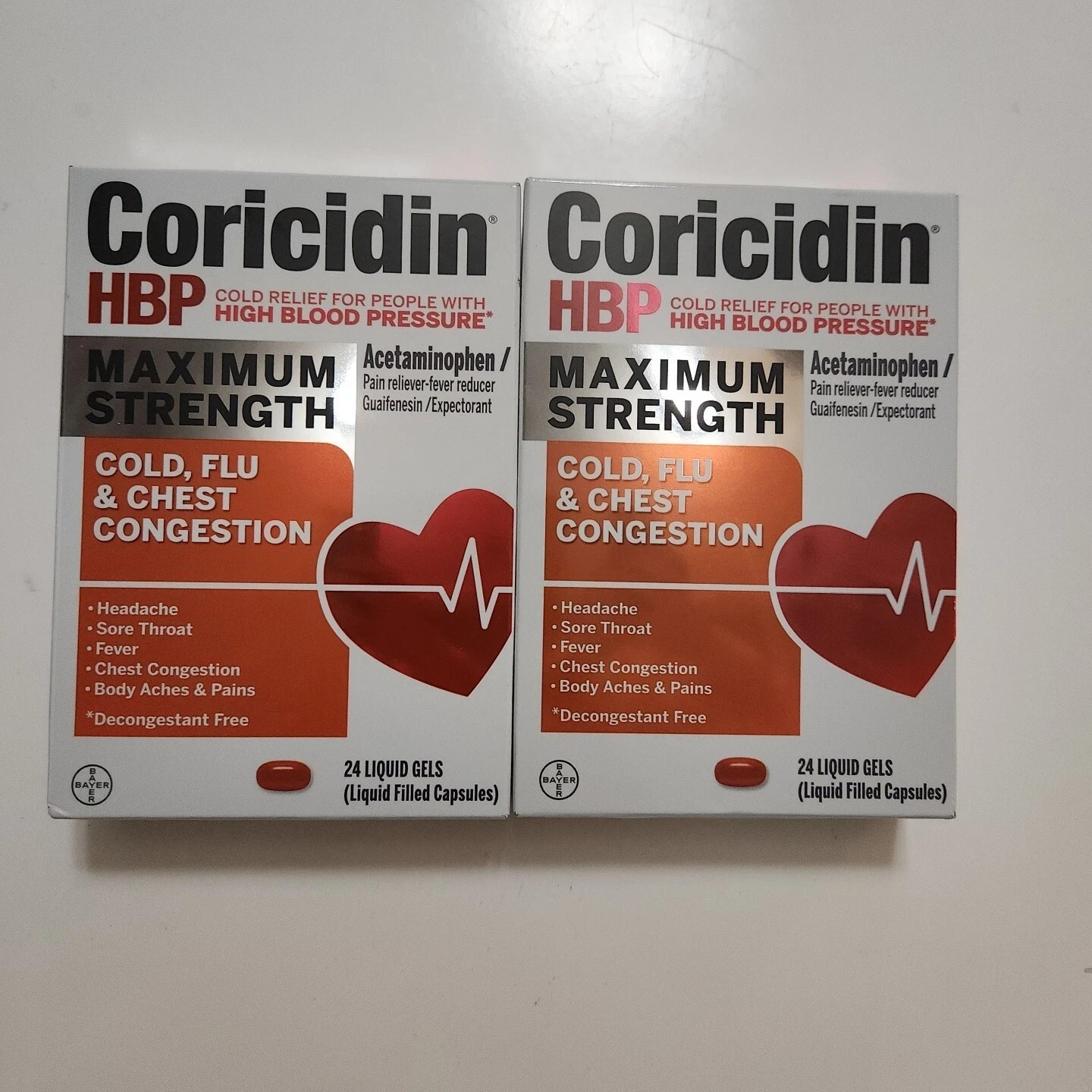 2 pack Coricidin HBP Maximum Strength Cold Flu Chest 24 Liquid gel caplets