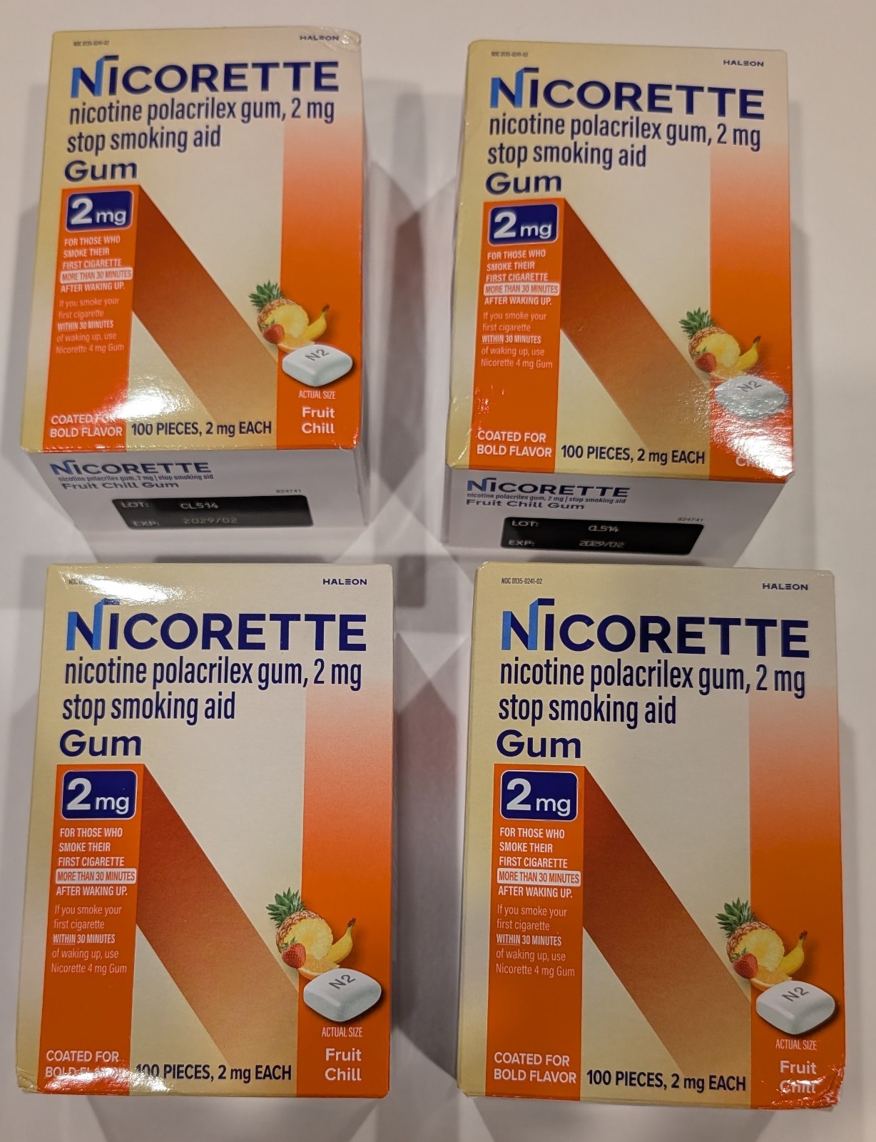 Nicorette Fruit Chill Gum 2mg 4-pack – 400 total pcs (100 per box) – EXP 02/2029