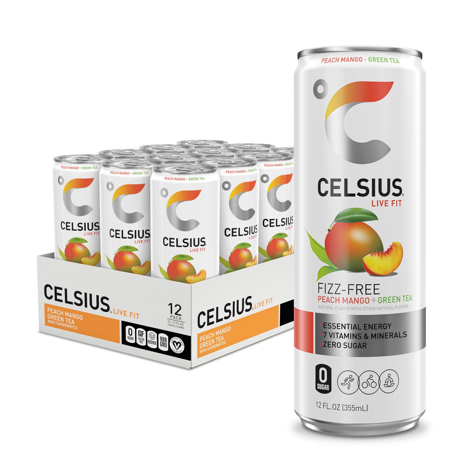 CELSIUS Fizz Free Peach Mango 12 Fl Oz (Pack of 12), Green Tea