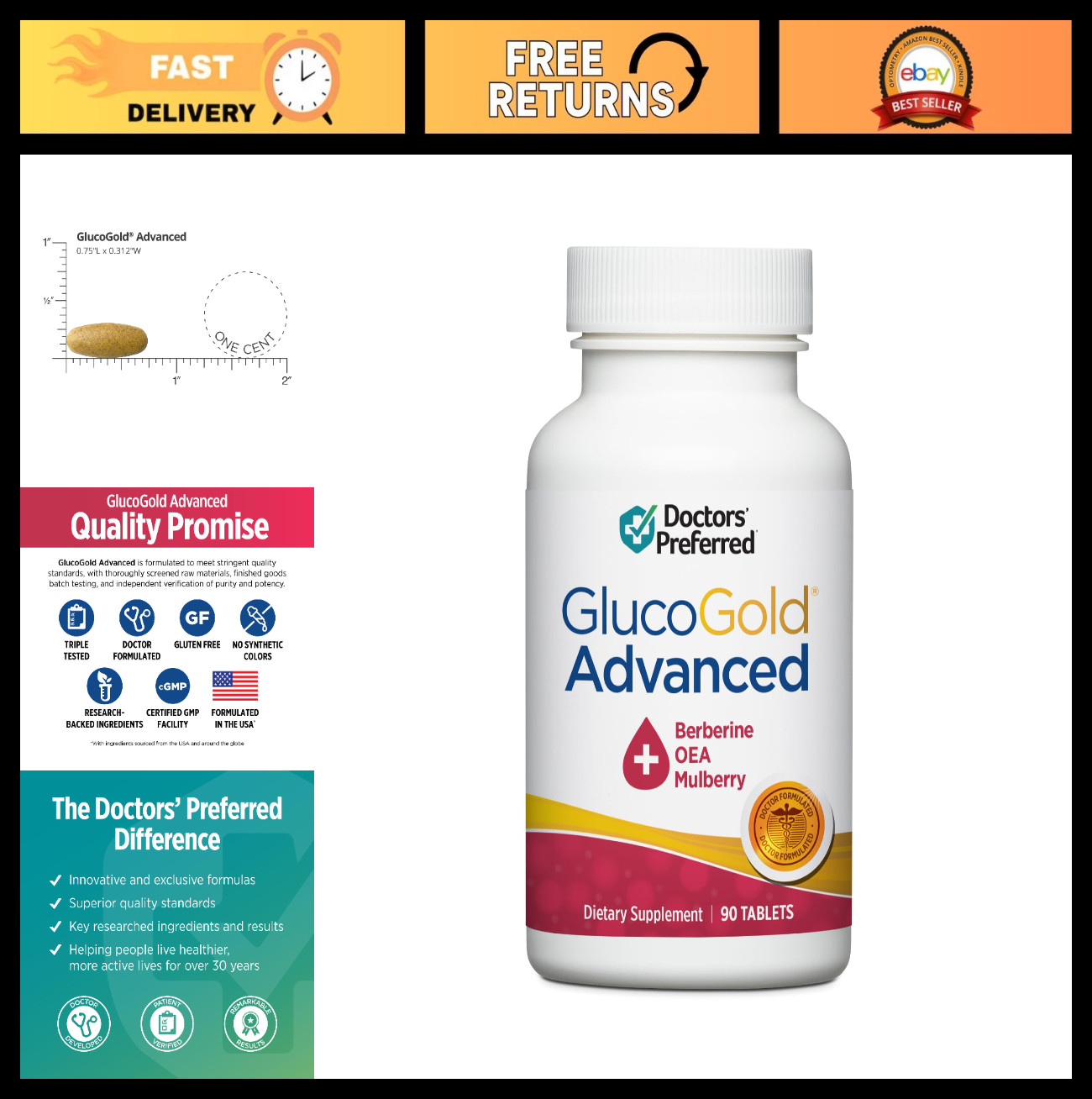 GlucoGold Advanced 1000mg Berberine, Cinnamon & Chromium – 90 Tablets for Blood
