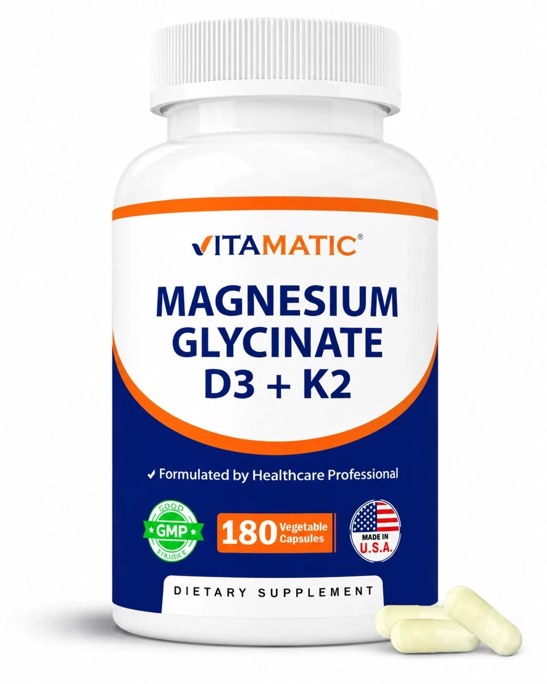 Magnesium Glycinate D3 + K2 180 Veg Capsules Bone Muscle Heart Support USA 180cp