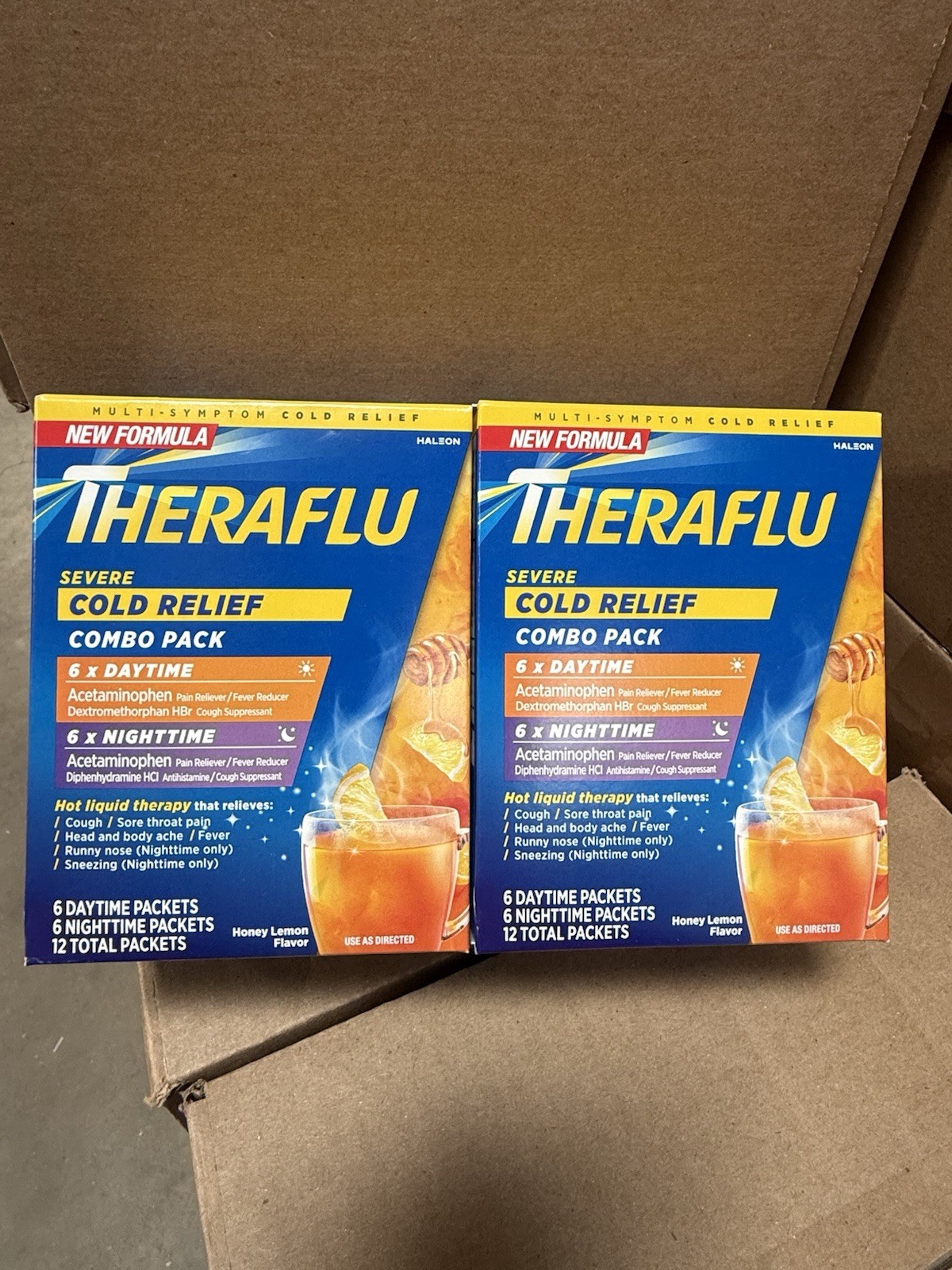 2-pack THERAFLU Cold Relief COMBO PACK 6 Day 6 Night Packets Honey Lemon 07/2027