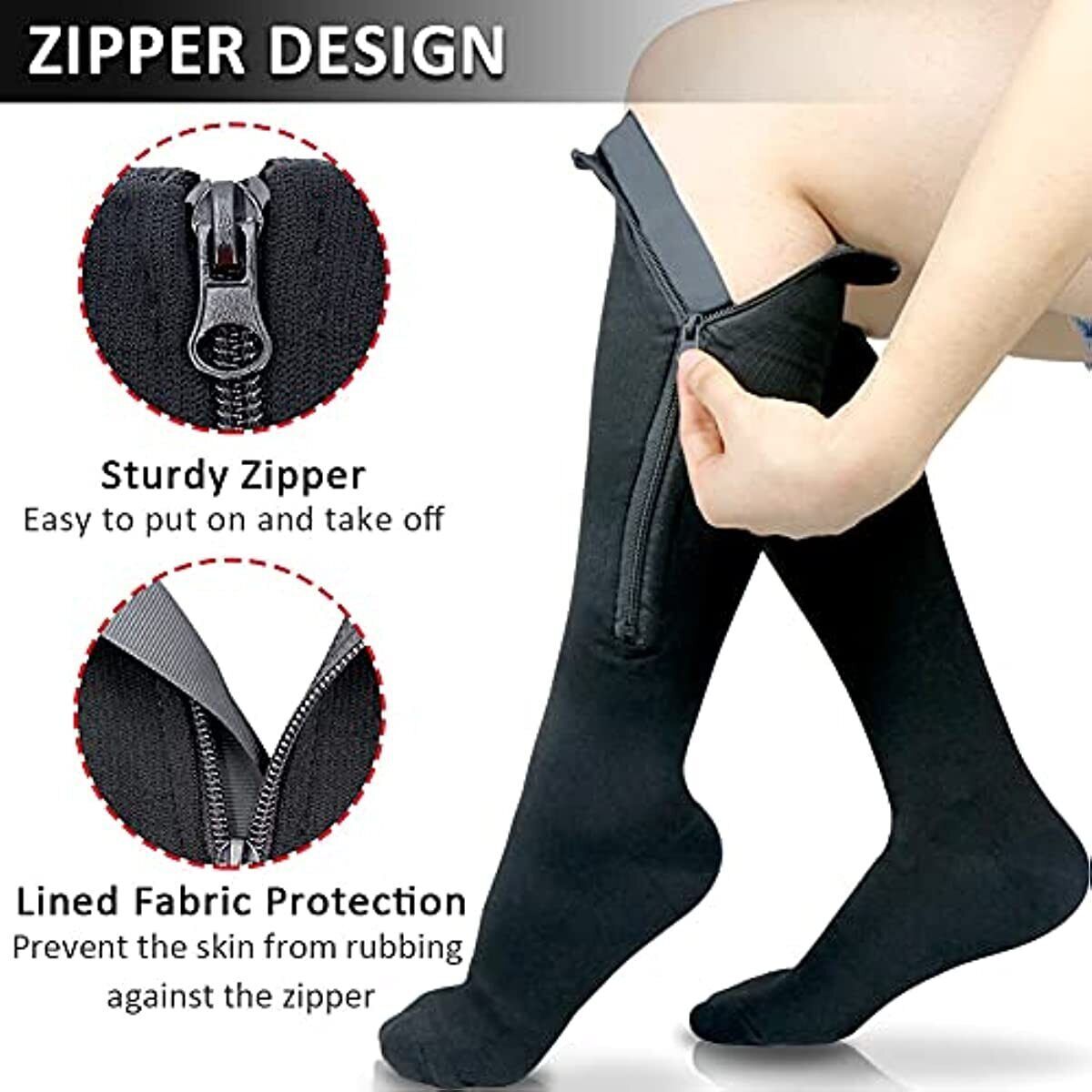 3PK Zippered Compression Socks Closed Toe 20-30mmHg with Zipper Safe Protection