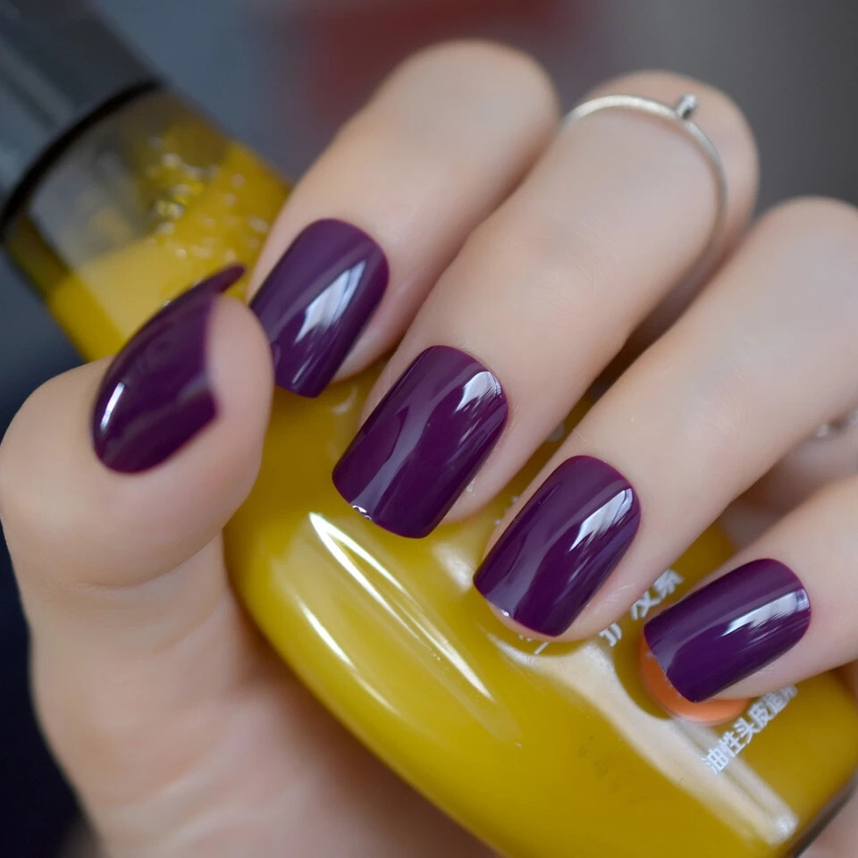 24 Press on Nails kit with glue dark purple shiny eggplant deep short