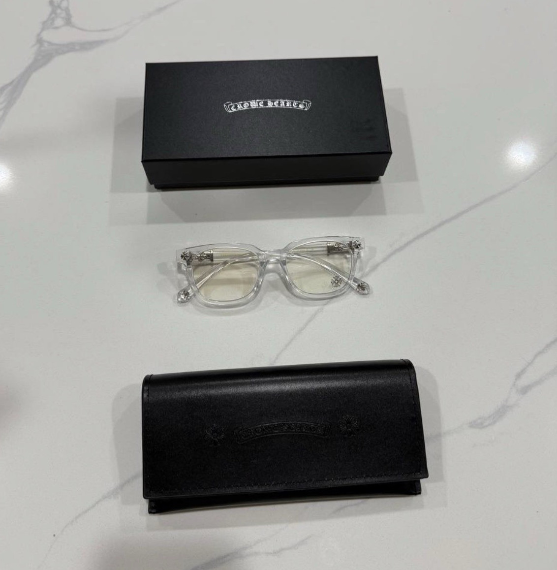 Chrome Hearts Clear Full Rim Rectangle Plastic Eyeglass Frames, Solid Pattern