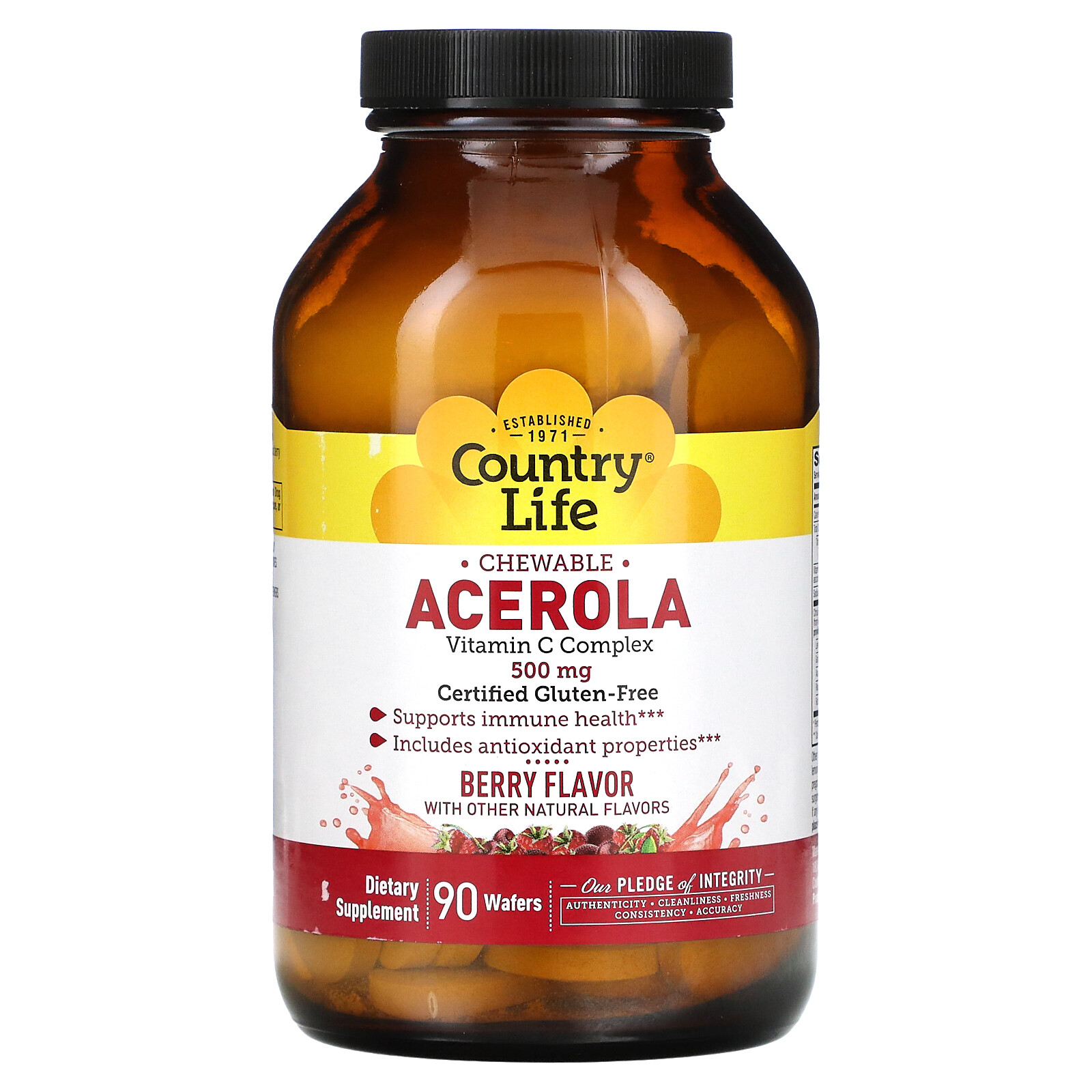 Country Life Acerola Vitamin C Chewable Cherry 500 mg 90 Wafers Gluten-Free,