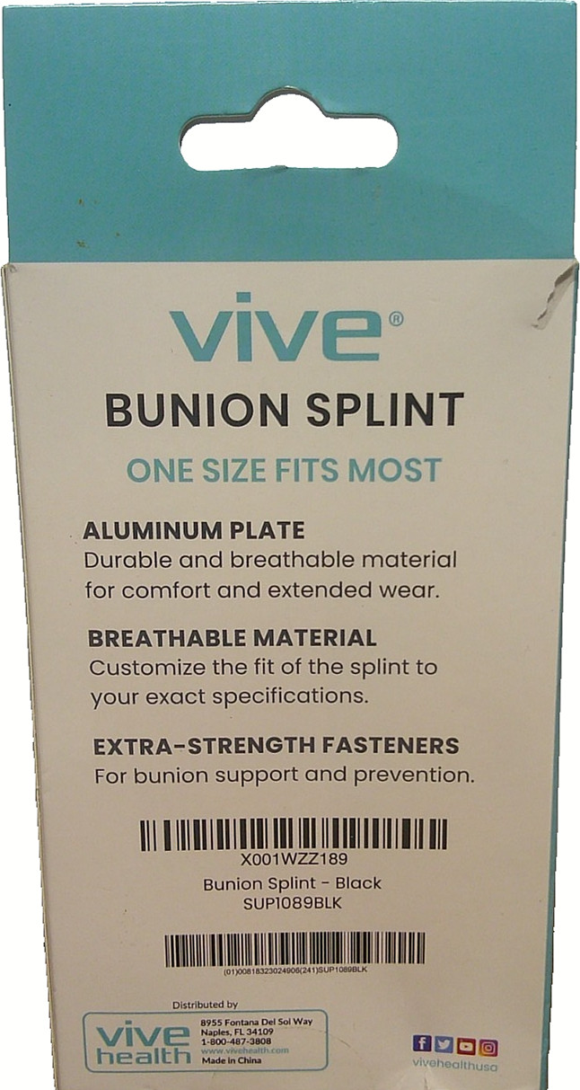 Vive Bunion Splint Support-1 Pc for LEFT Foot ONLY Black One Sz Fits Most 1057