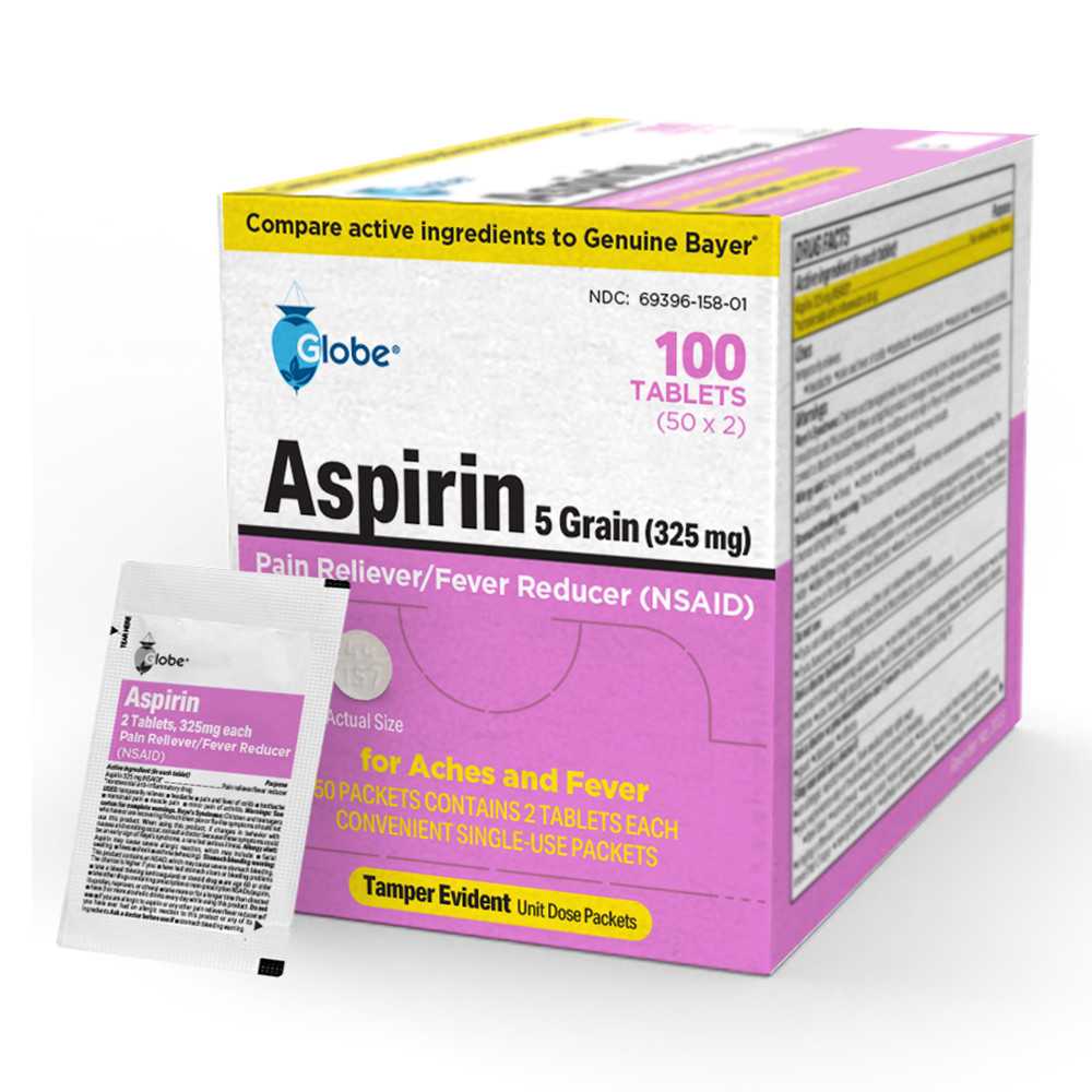 Globe Aspirin Tablets 325 mg – 100 Count, Single Use Packets, NSAID Pain Relief