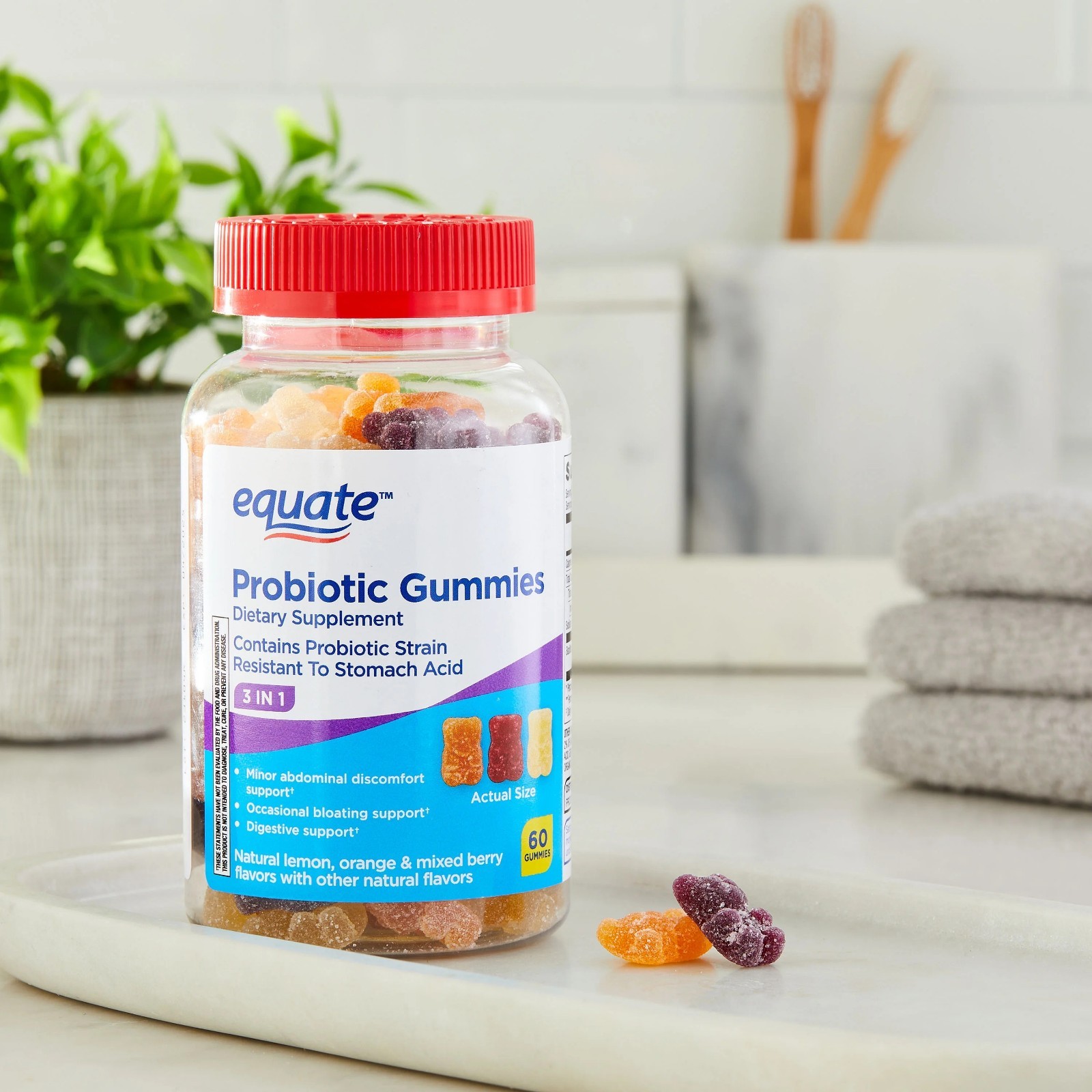 Equate 3-in-1 Daily Probiotic Dietary Supplement Gummies Fruit Flavors, 60 Count