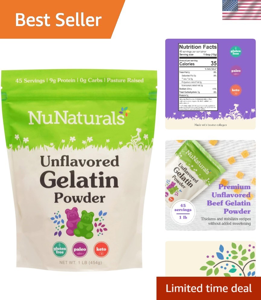 Nunaturals Unflavored Beef Gelatin Powder, Instantly Thickens, Stabilizes, and T