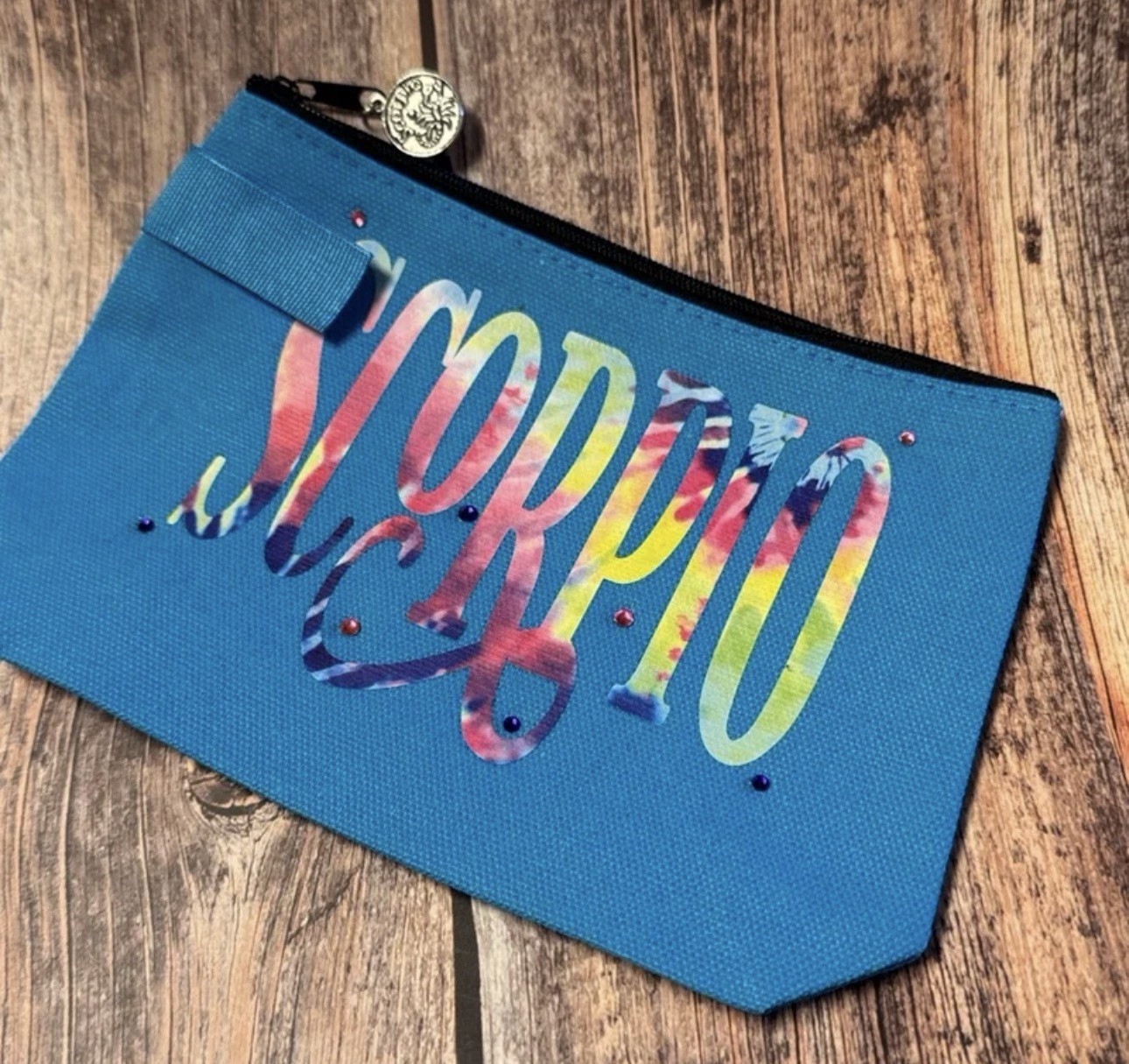 NEW 7”x5” Blue Canvas Zippered Pouch with Scorpio Design & Charm Item #PHK4855