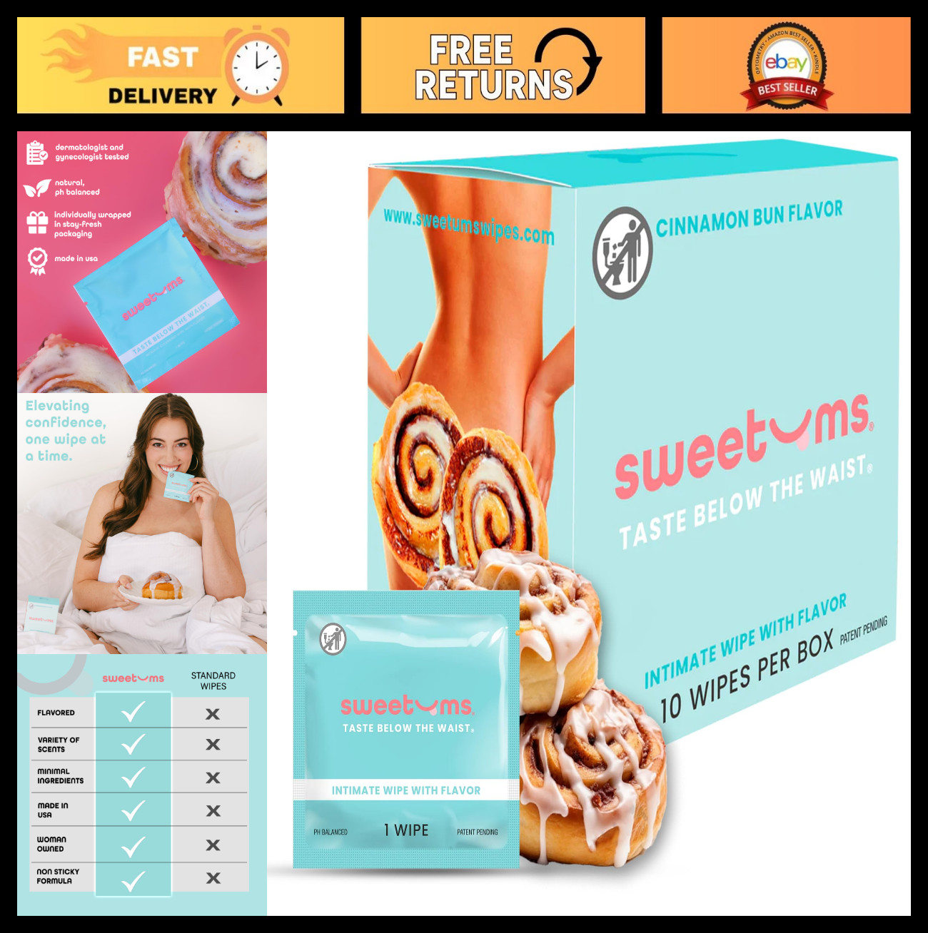 Biodegradable pH Balanced Feminine Wipes – Individually Wrapped, Cinnamon Bun, 1